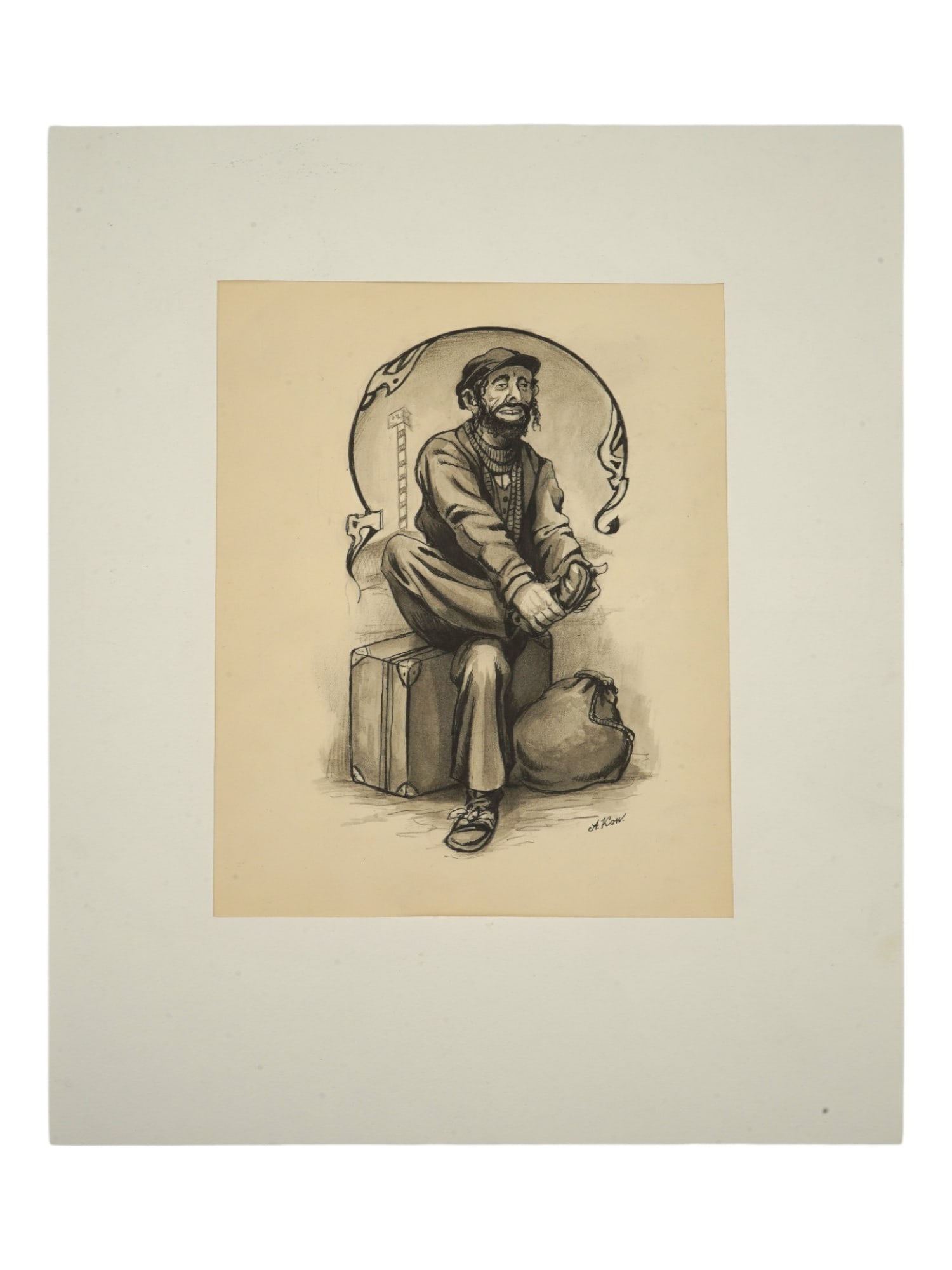 JUDAICA RUSSIAN MIXED MEDIA PAINTING SIGNED A KON: Attributed to Alexandr Iosifovich Konstantinovsky, Russian, 1906 to 1958, mixed media painting on paper depicting a Judaica portrait of a man seated on a suitcase. Signed, A. Kon., lower right. Circa: