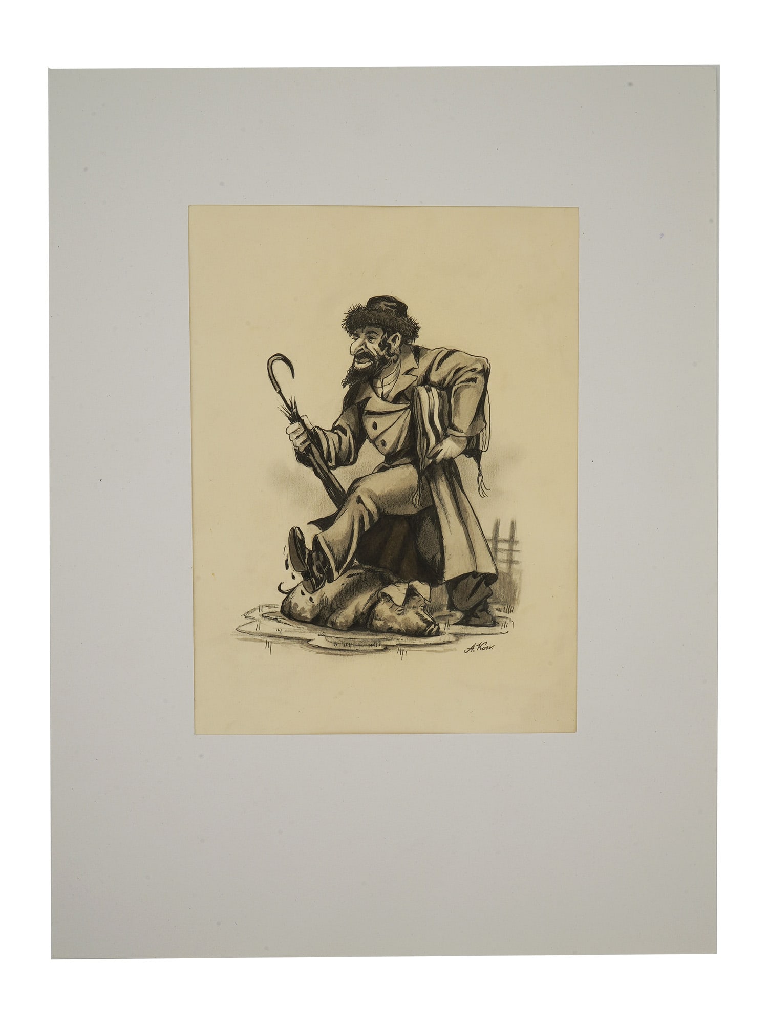 JUDAICA RUSSIAN MIXED MEDIA PAINTING SIGNED A KON: Attributed to Alexandr Iosifovich Konstantinovsky, Russian, 1906 to 1958, mixed media painting on paper depicting a Judaica street portrait of a man stepping over a pig. Signed, A. Kon., lower right.