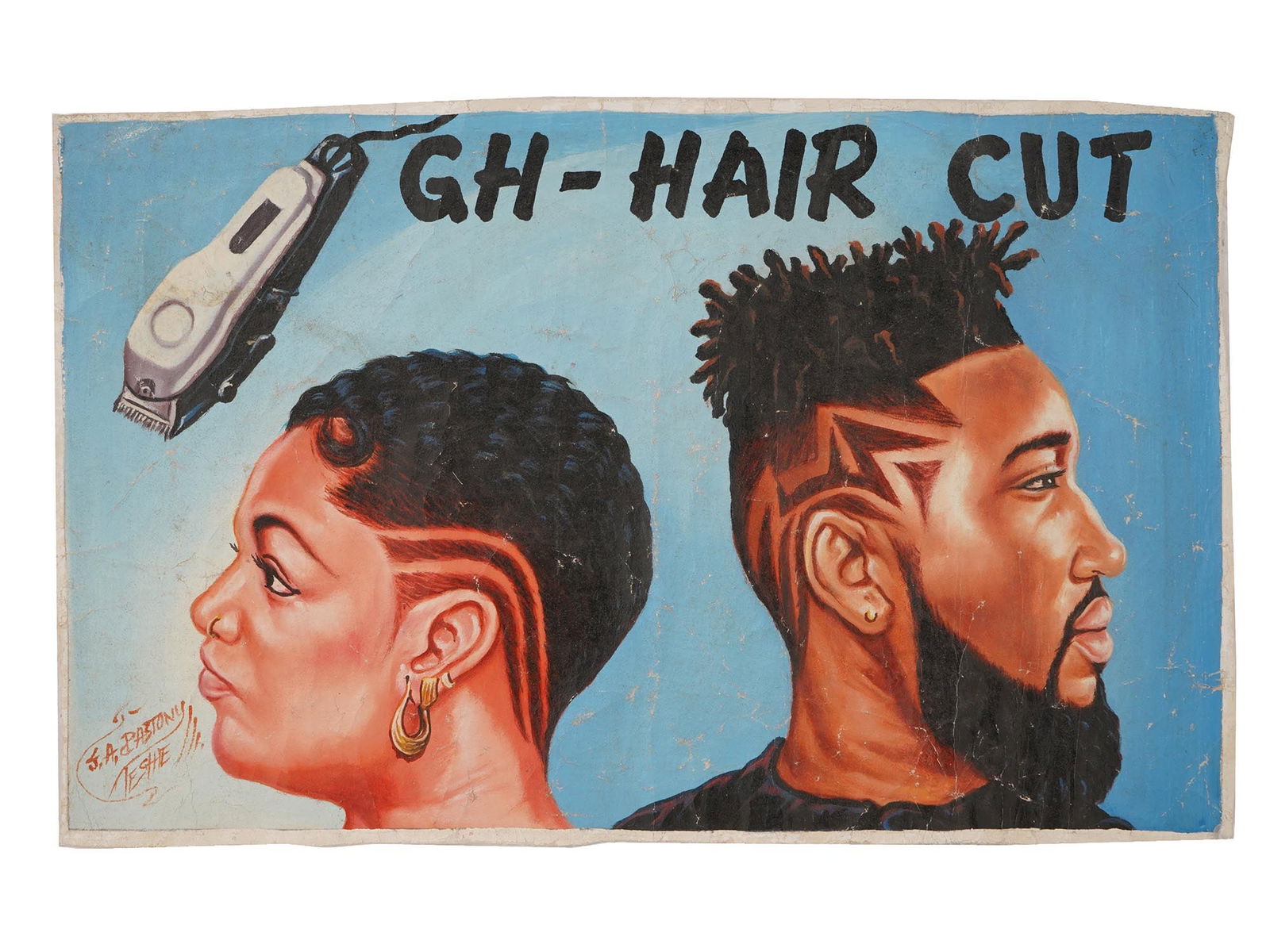 AFRICAN FOLK ART GHANAIAN HAND PAINTED BARBERSHOP SIGN: A Ghanaian barbershop sign hand-painted on a flour bag, a collectible example of West African folk art, created by a self-taught local artist in Ghana. Such signs were commonly produced from the 1970s
