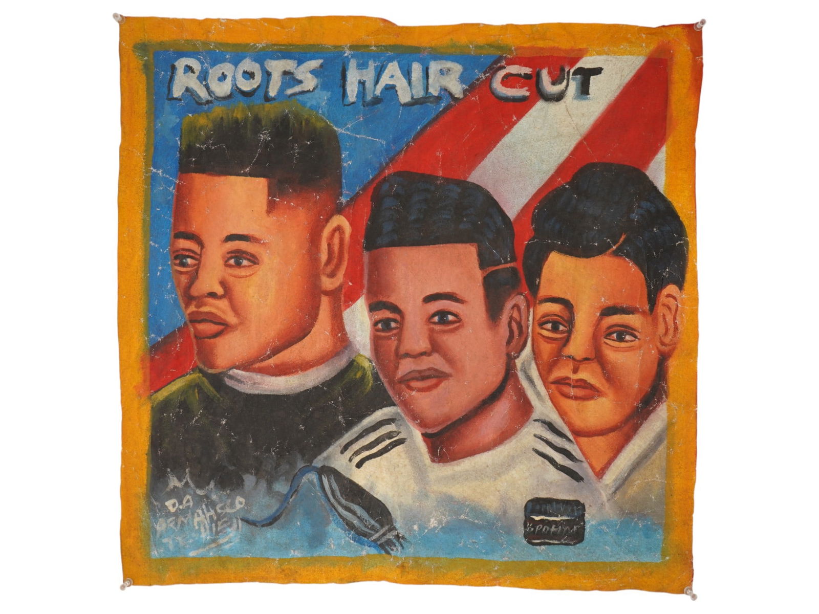 GHANAIAN OIL PAINTING BARBERSHOP SIGN BY ARMAHSCO: A vintage oil painting on a flour bag barbershop sign from Ghana. Signed D. A. Armahsco Teshie, lower left. The sign advertises the Roots Hair Cut barbershop and features stylized portraits of men wit