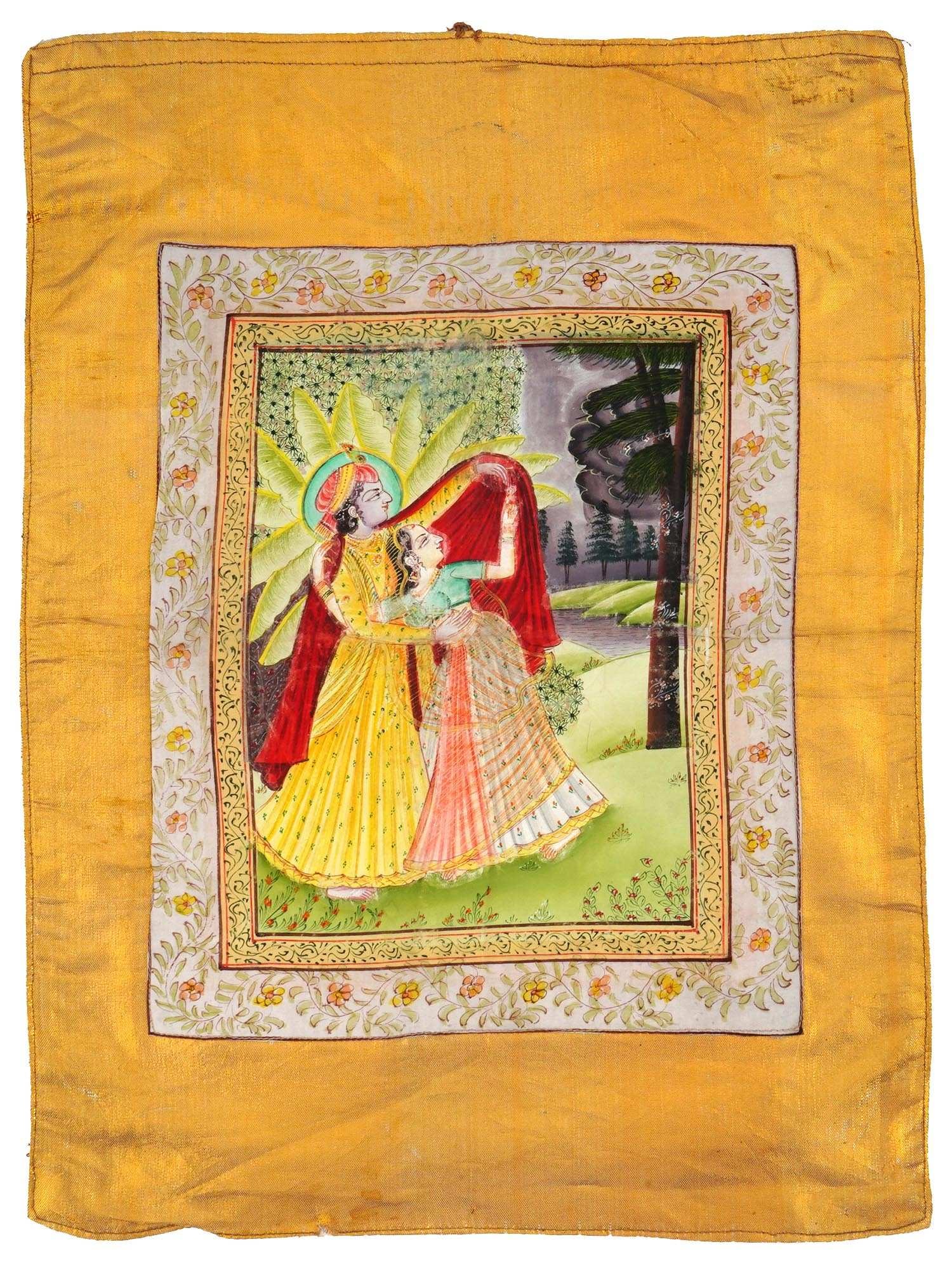 INDIAN MUGHAL MANNER MIXED MEDIA PAINTING ON SILK (1 of 3)