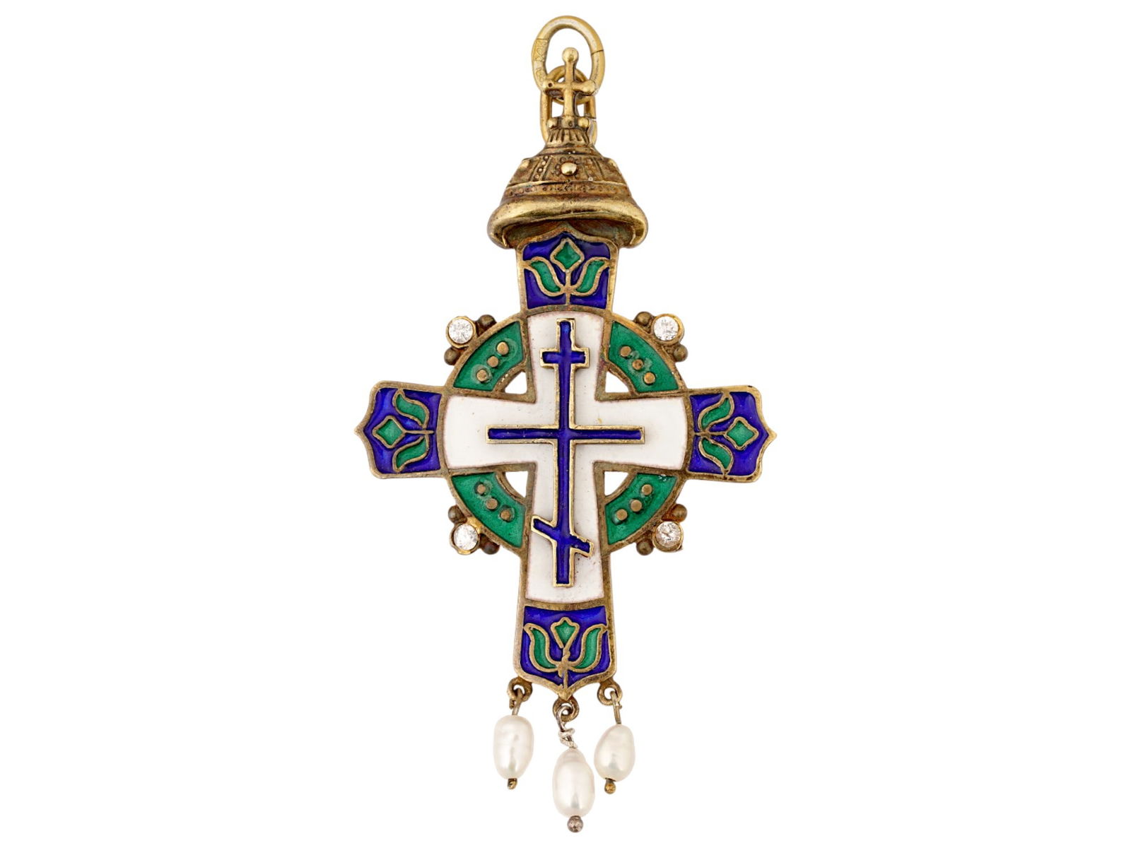 RUSSIAN SILVER ENAMEL CROSS W PEARLS AND GEMSTONES: A Russian 88 gilt silver Orthodox cross with a polychrome ornamental enamel design in white, blue, and green shades. The cross is topped with a Monomakhs Cap. Three small baroque natural pearls are at