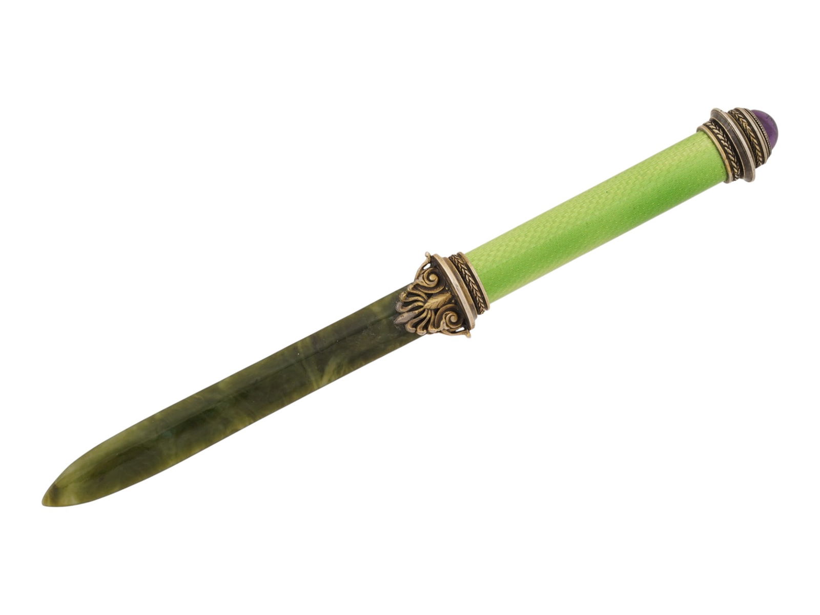 RUSSIAN AMETHYST SILVER ENAMEL JADE LETTER OPENER (1 of 6)