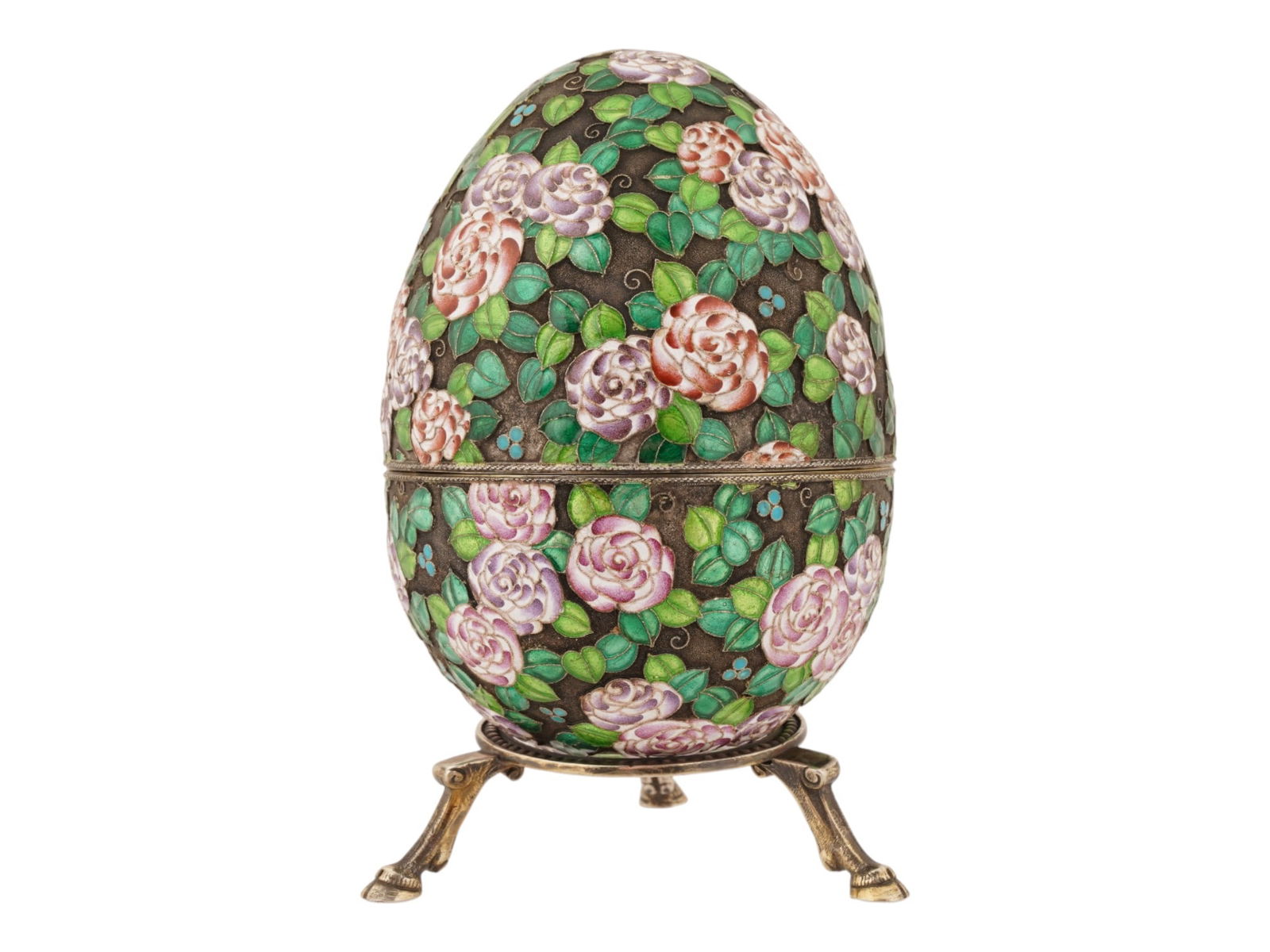 LARGE RUSSIAN SILVER ENAMEL EASTER EGG WITH A STAND - 2