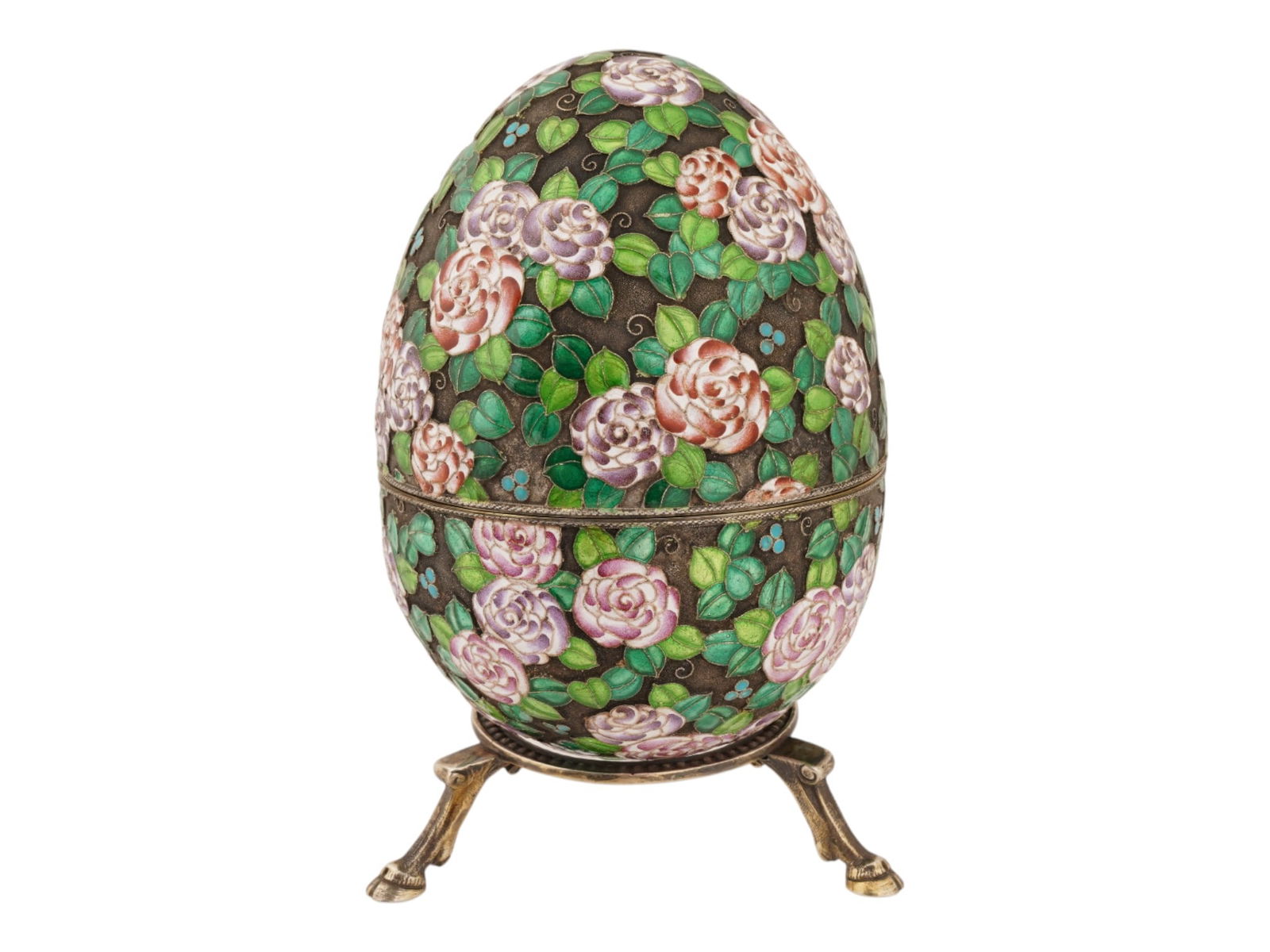 LARGE RUSSIAN SILVER ENAMEL EASTER EGG WITH A STAND - 3