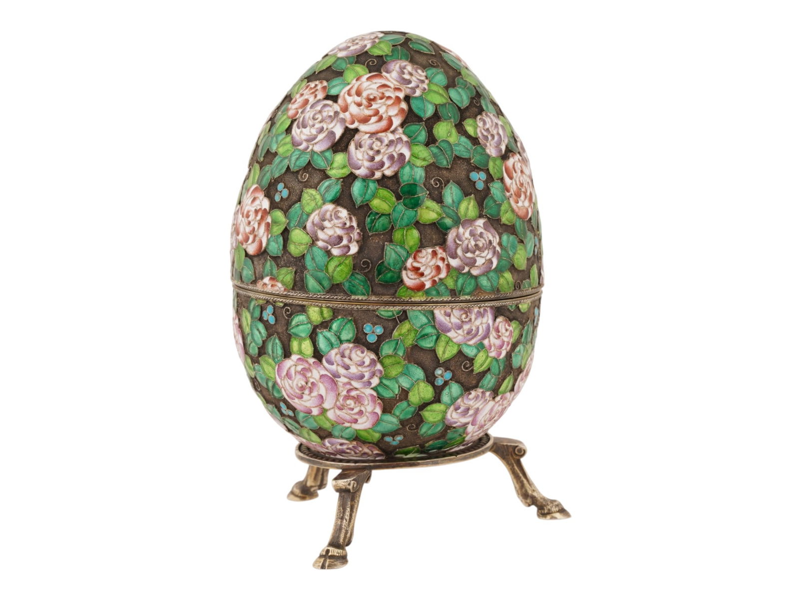 LARGE RUSSIAN SILVER ENAMEL EASTER EGG WITH A STAND - 4