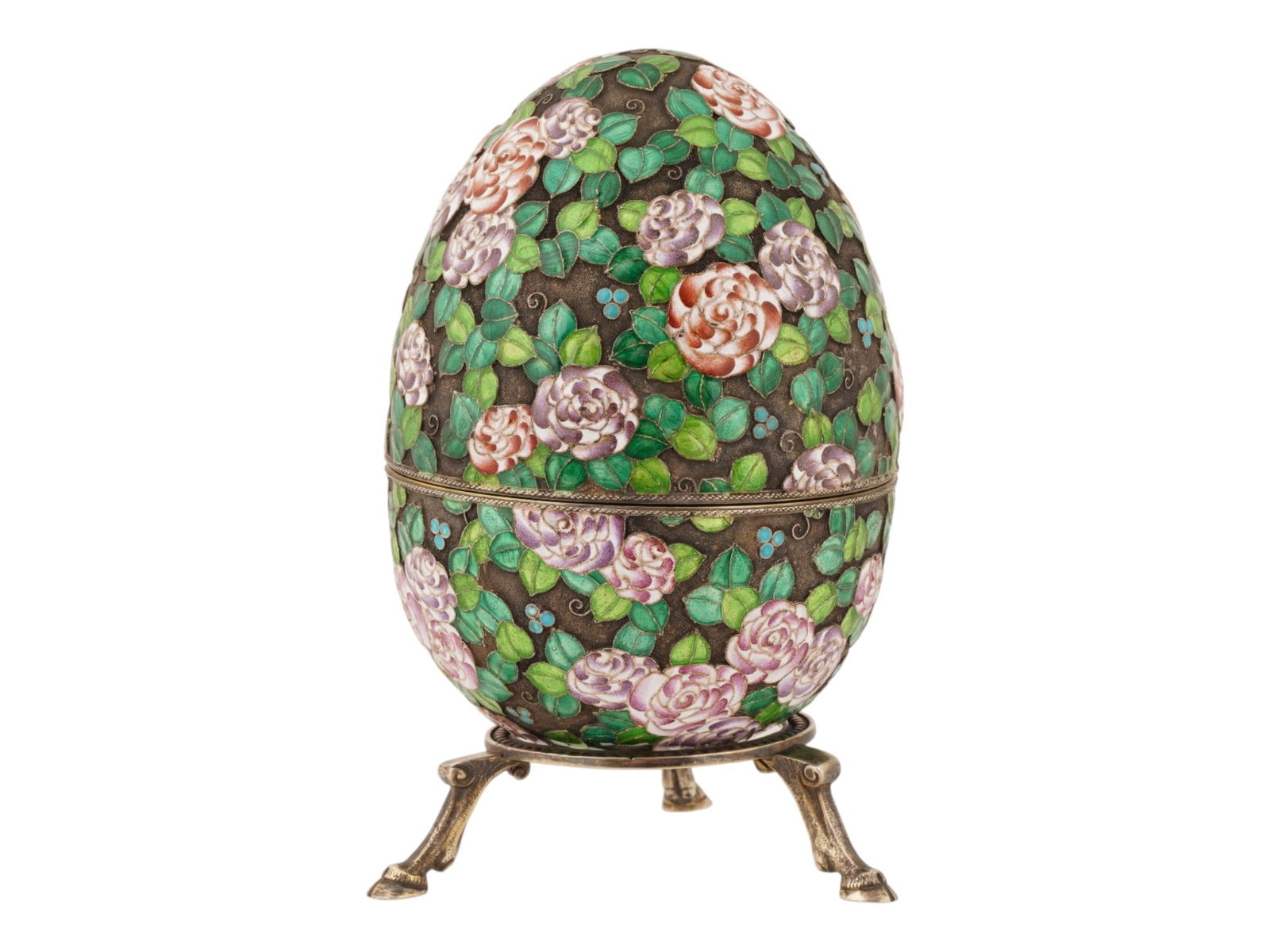 LARGE RUSSIAN SILVER ENAMEL EASTER EGG WITH A STAND - 5