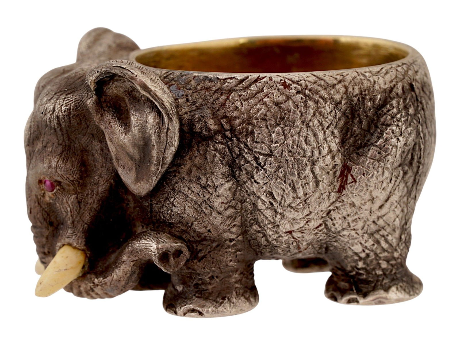 RUSSIAN CARVED SILVER ELEPHANT SALT CELLAR W RUBY EYES (1 of 7)