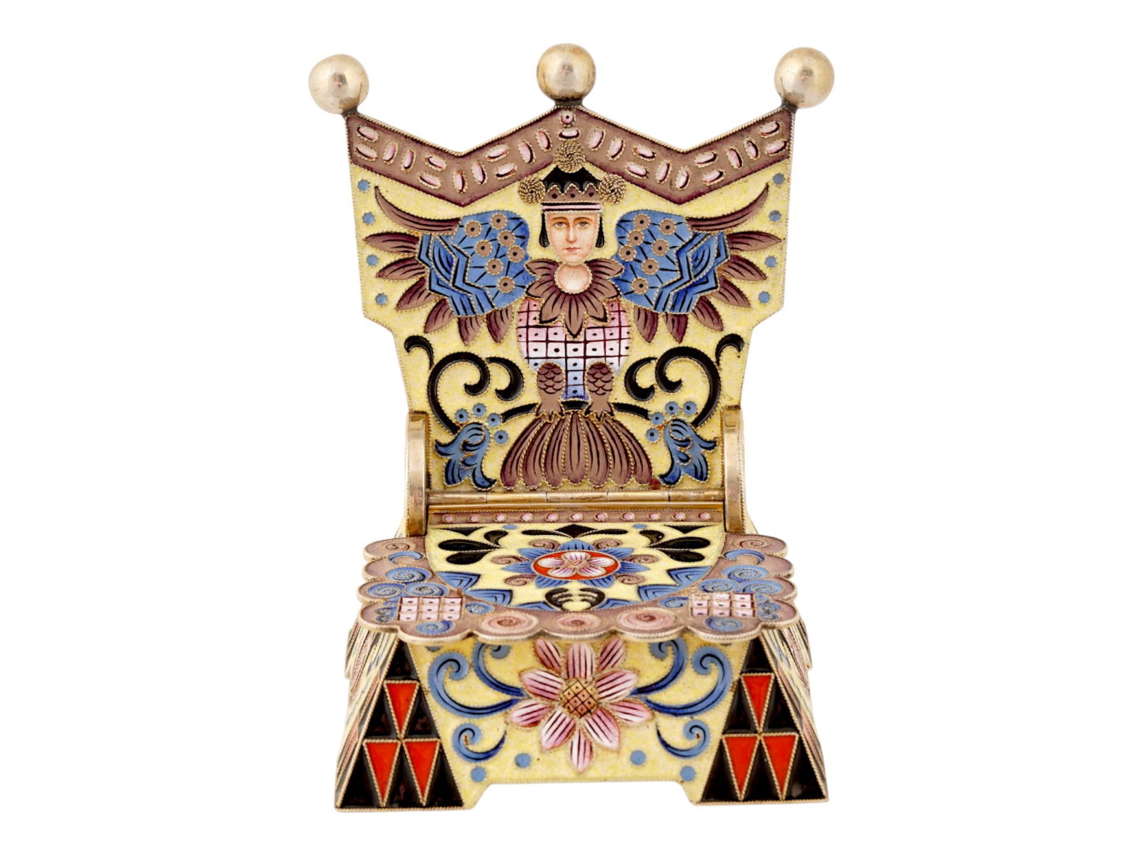 RUSSIAN GILT SILVER ENAMEL MINIATURE THRONE SALT CELLAR: A Russian gilt silver and enamel miniature throne salt cellar. Designed in the form of a miniature chair, the piece served as a functional salt cellar. The work is executed in the cloisonne enamel tec