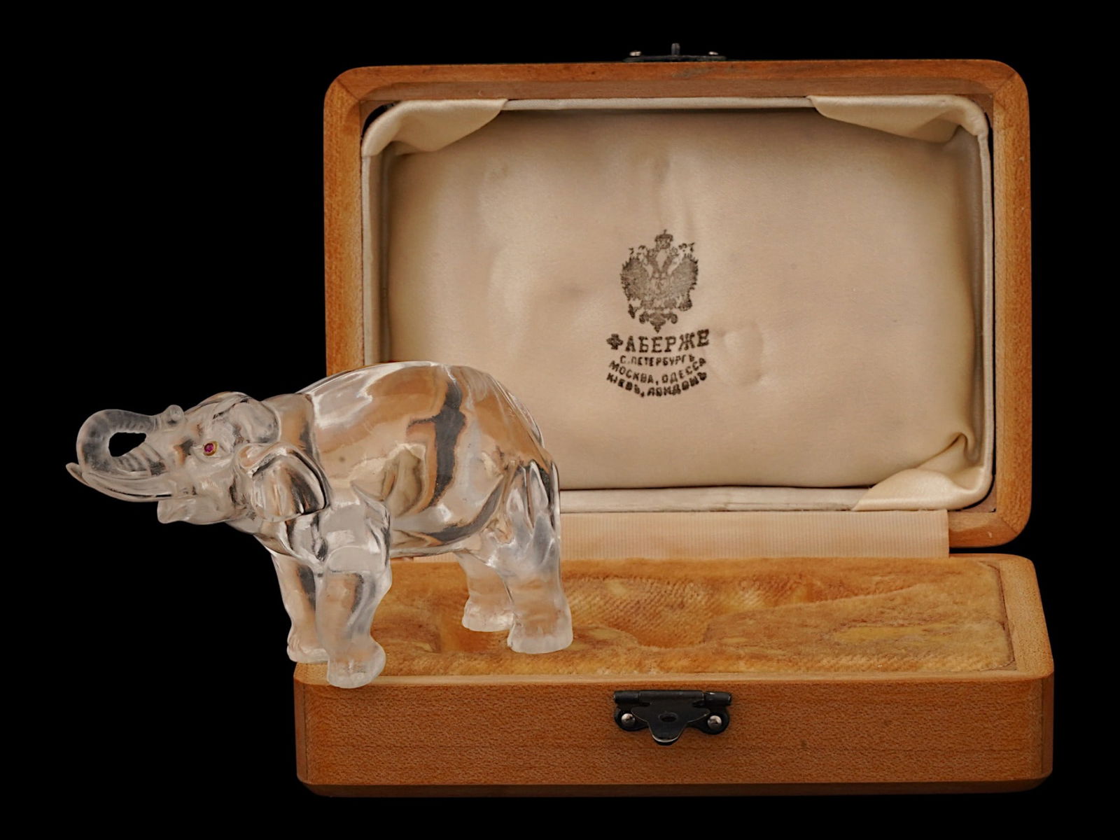 RUSSIAN ROCK CRYSTAL ELEPHANT FIGURE GOLD RUBY EYES IOB (1 of 8)