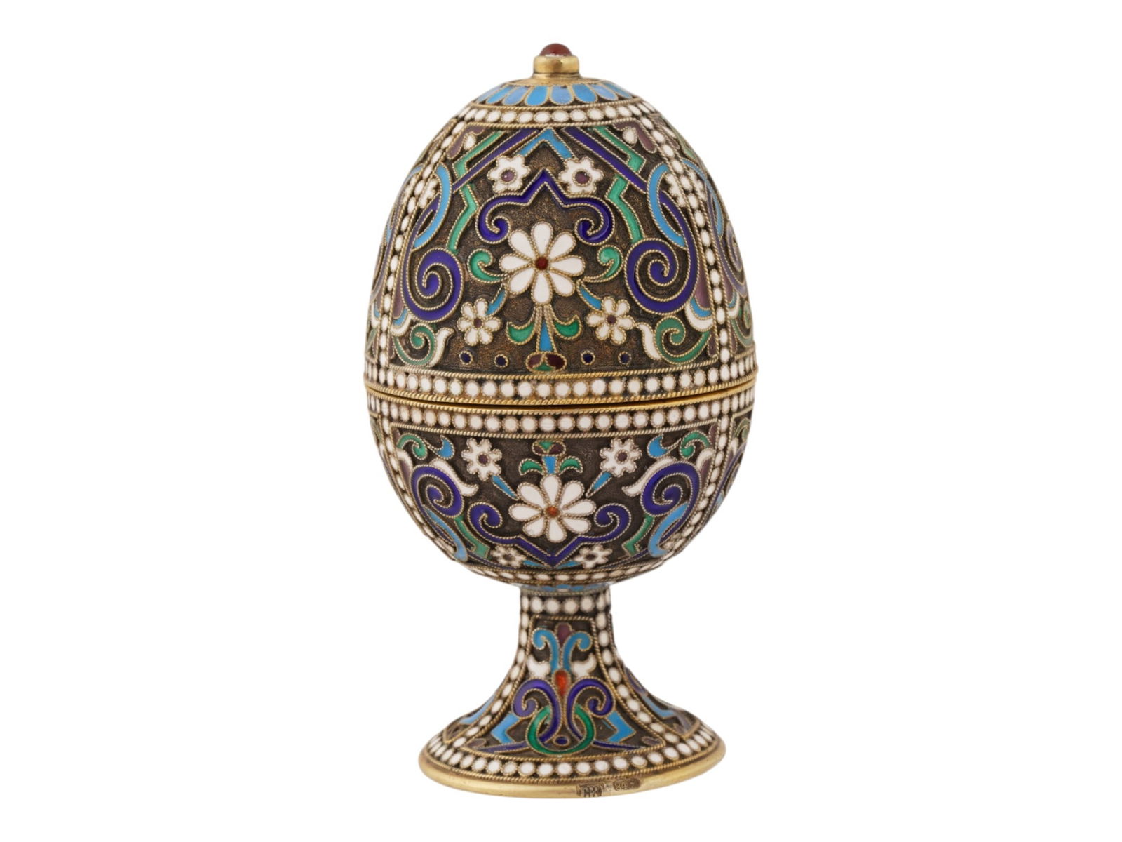 RUSSIAN SILVER ENAMEL EASTER EGG ON STAND W RUBY (1 of 9)
