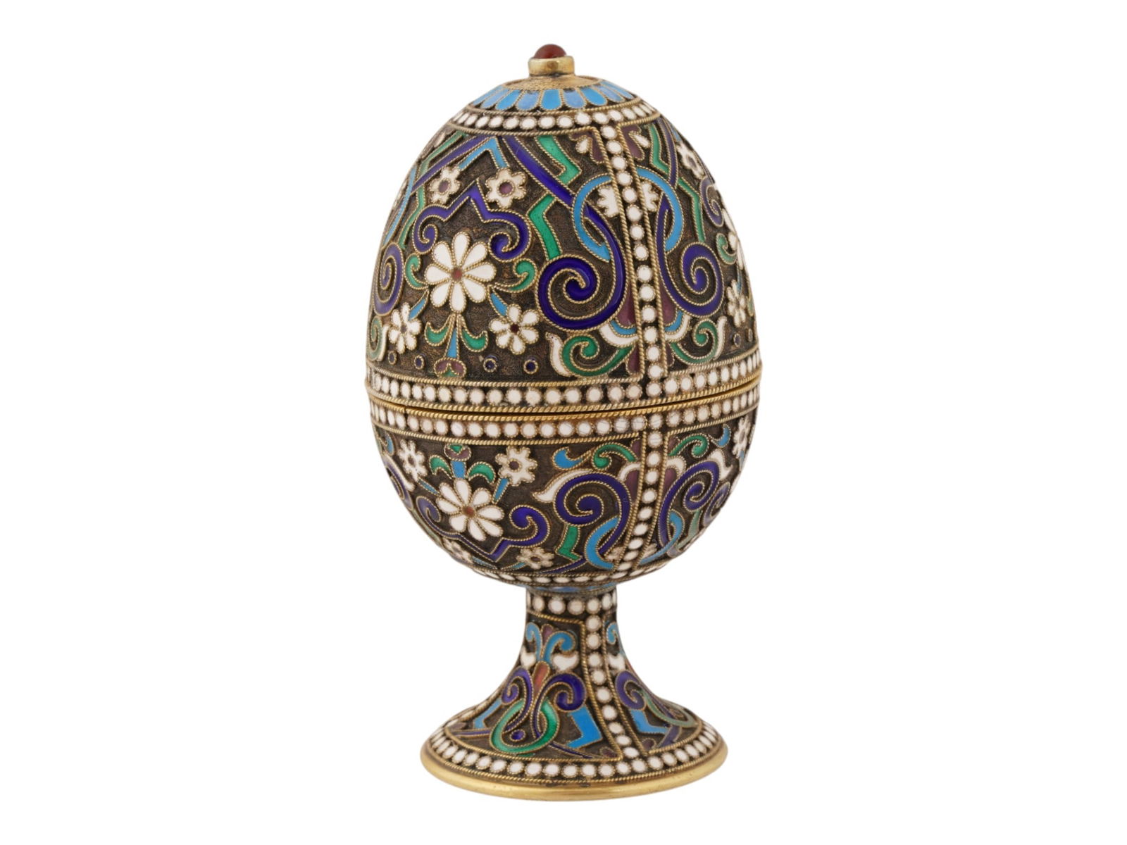 RUSSIAN SILVER ENAMEL EASTER EGG ON STAND W RUBY - 3