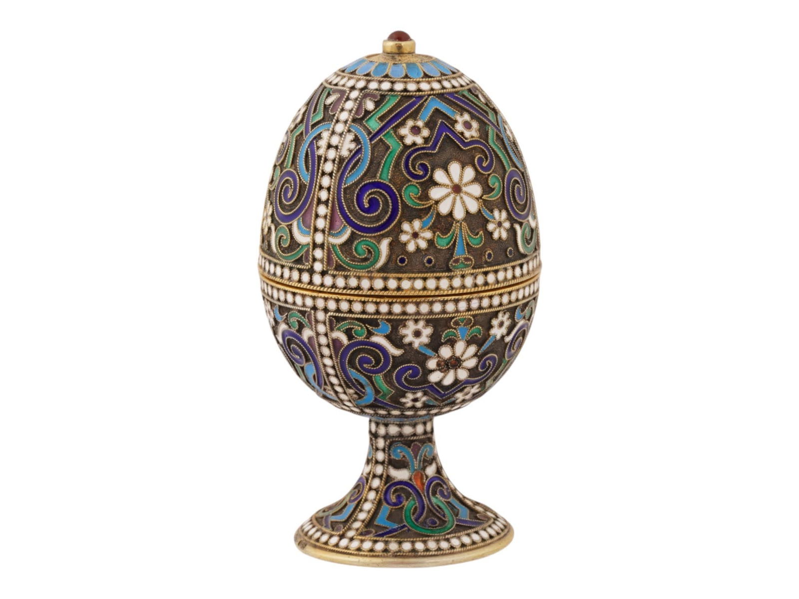 RUSSIAN SILVER ENAMEL EASTER EGG ON STAND W RUBY - 4