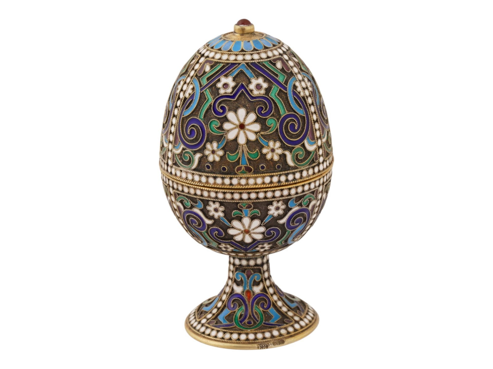 RUSSIAN SILVER ENAMEL EASTER EGG ON STAND W RUBY - 5