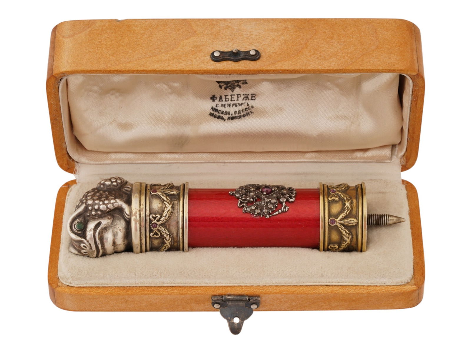 RUSSIAN SILVER ENAMEL FROG CANE HANDLE W DIAMONDS IN BOX (1 of 8)