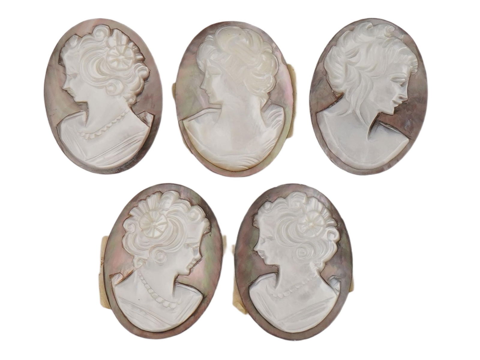 VINTAGE SHELL CAMEOS WITH HAND CARVED FEMALE PROFILES: A group of five vintage shell cameo panels, each featuring a hand-carved female profile in relief utilizing the naturally contrasting layers of shell. Display a light cream or white foreground set aga
