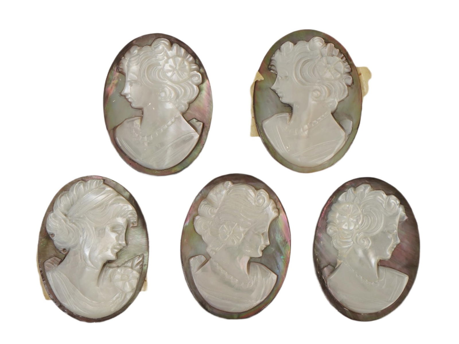 GROUP OF FIVE HAND CARVED SHELL PORTRAIT CAMEOS (1 of 3)