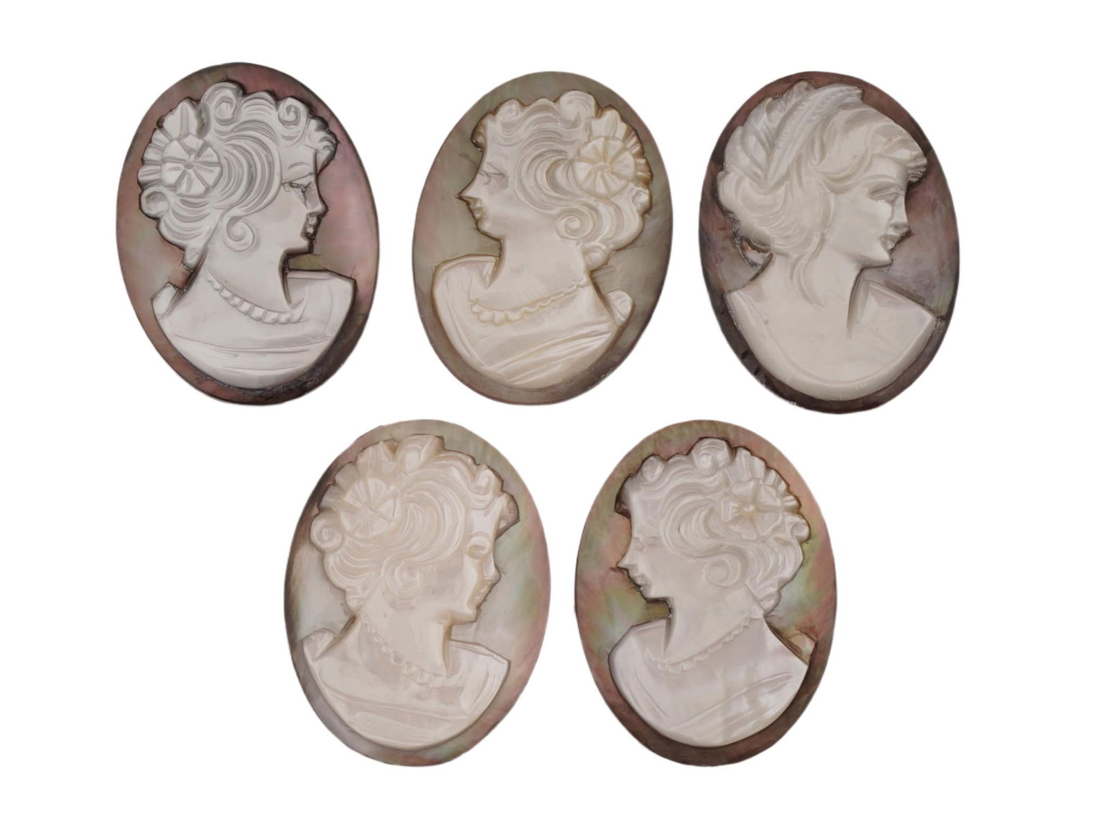 GROUP OF FIVE HAND CARVED SHELL CAMEOS W PORTRAITS (1 of 4)