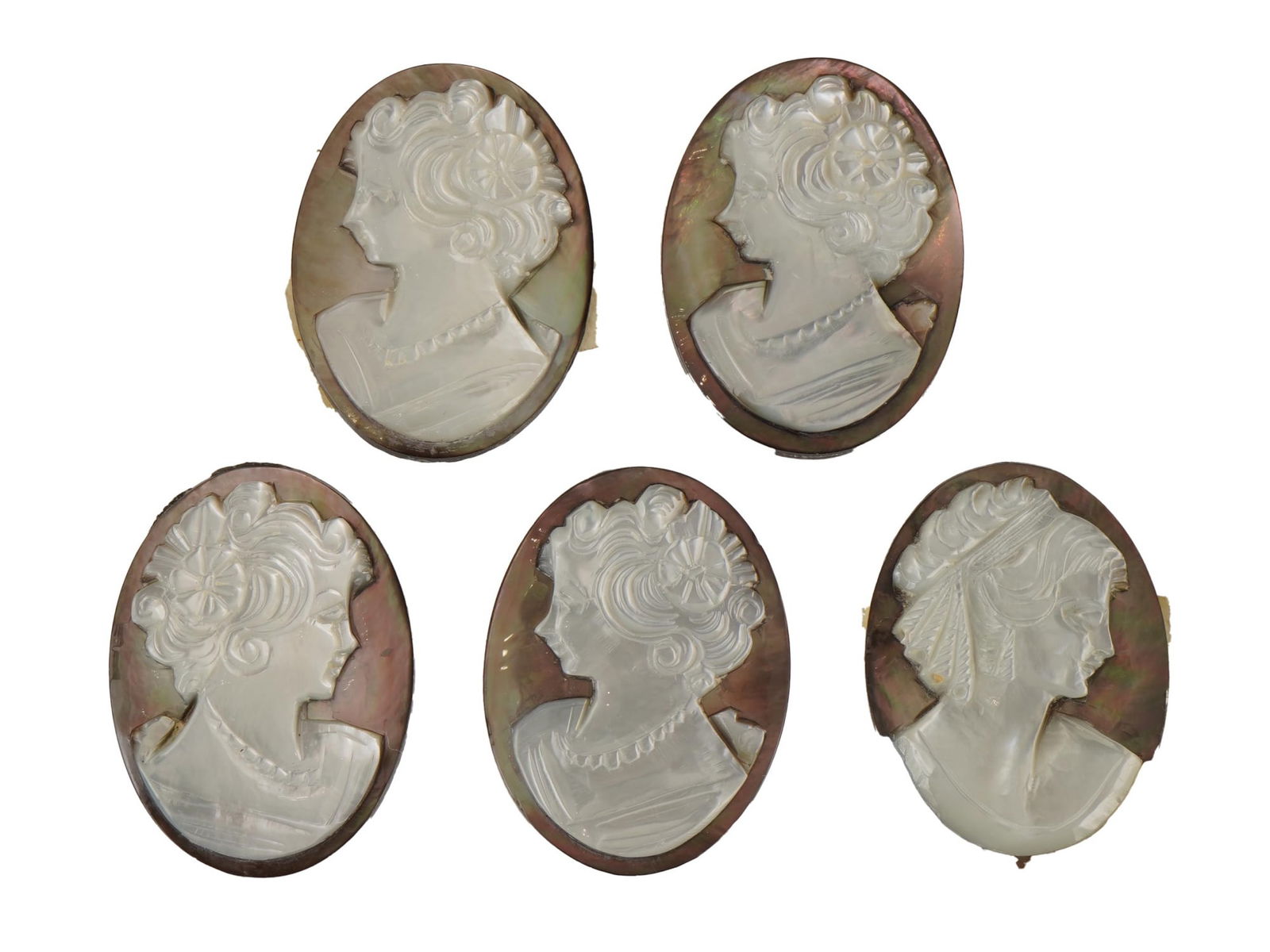 GROUP OF FIVE HAND CARVED SHELL PORTRAIT CAMEOS (1 of 3)