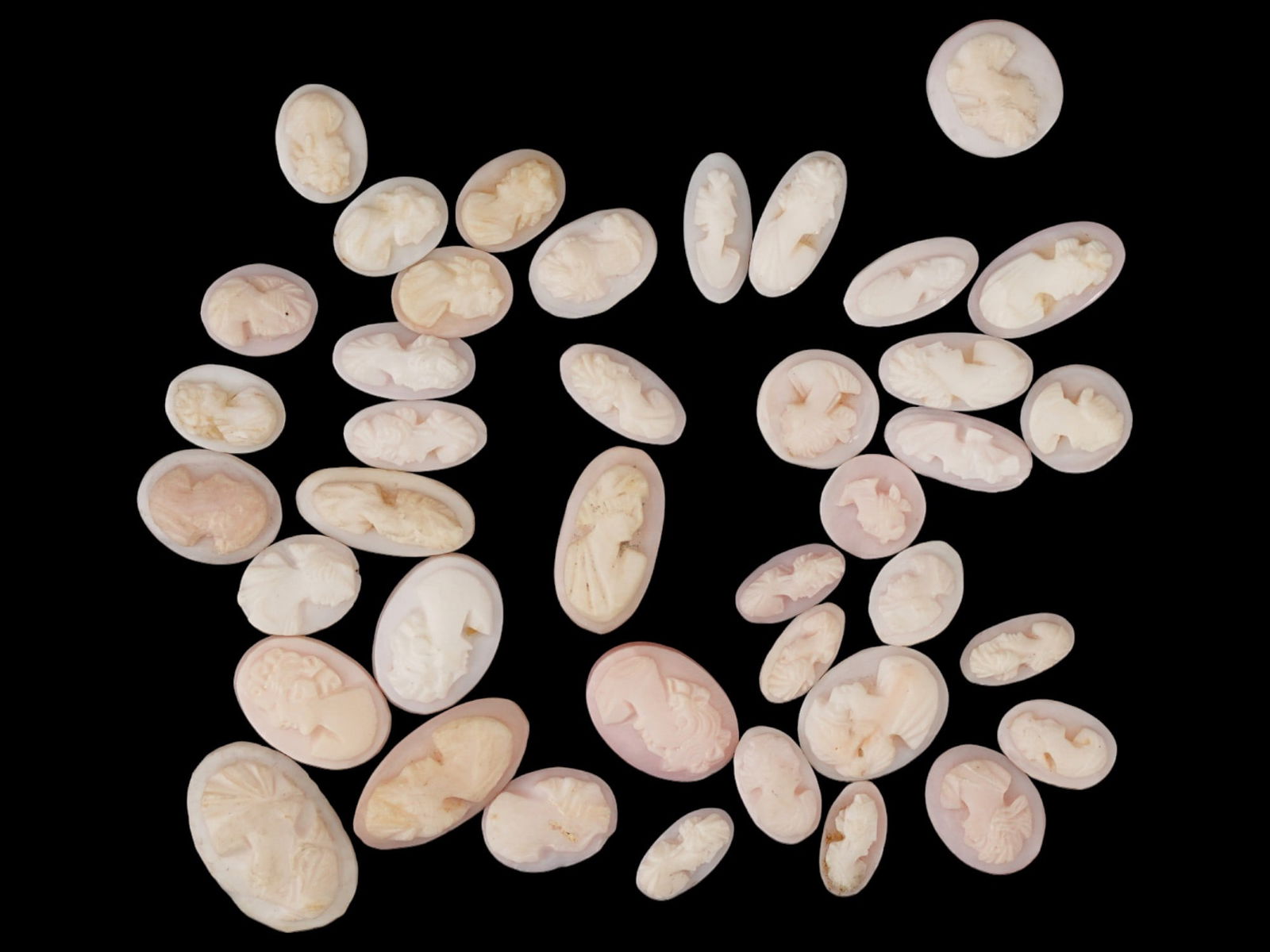 COLLECTION OF ANTIQUE PORTRAIT CARVED SHELL CAMEOS: A collection of forty antique hand carved cameos, dating back to the early 20th century. Each piece is crafted from conch shell, featuring female profile portraits rendered in high relief. Oval shape.