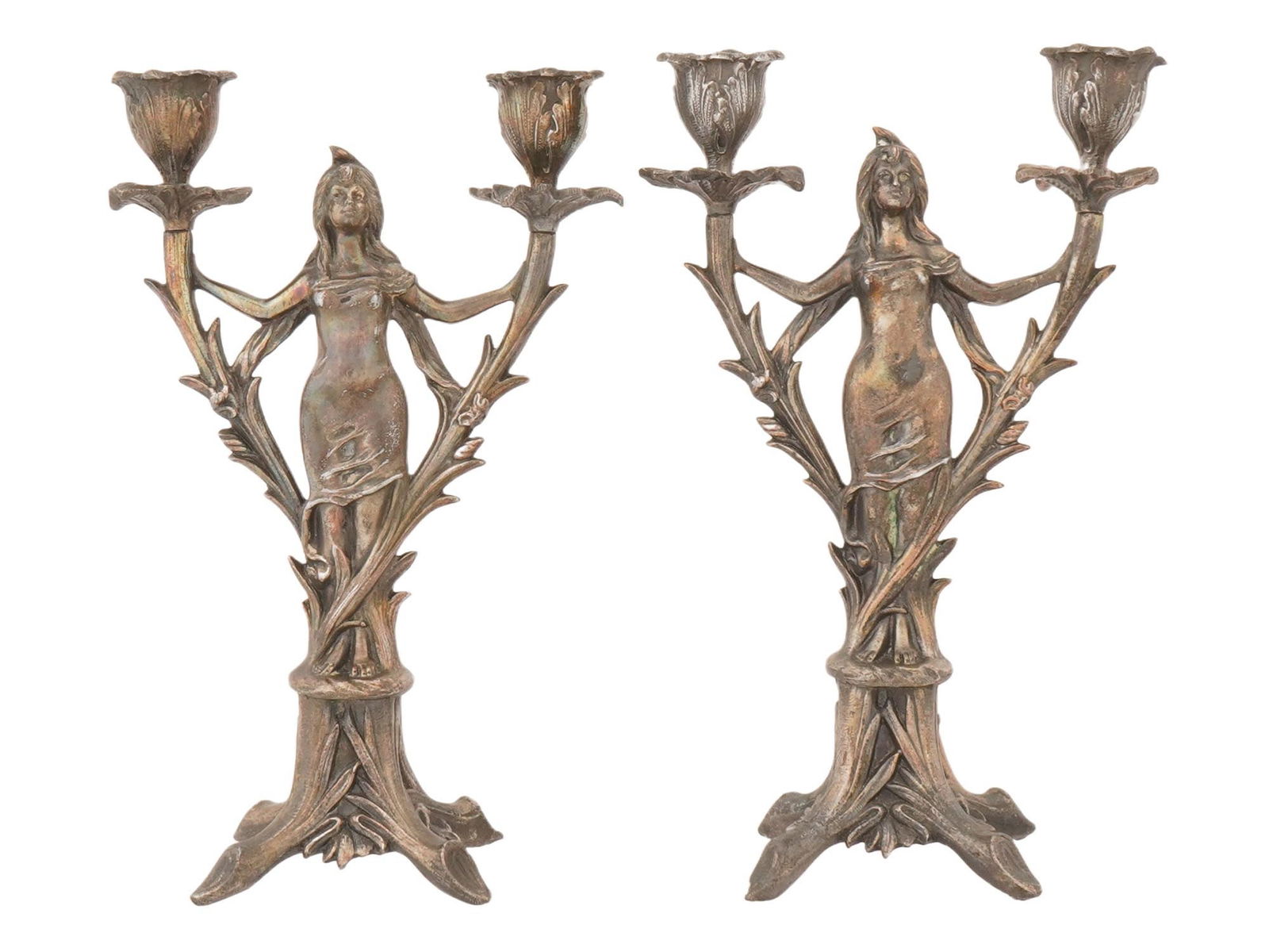 PAIR OF ART NOUVEAU MANNER SILVER PLATED CANDELABRAS (1 of 7)