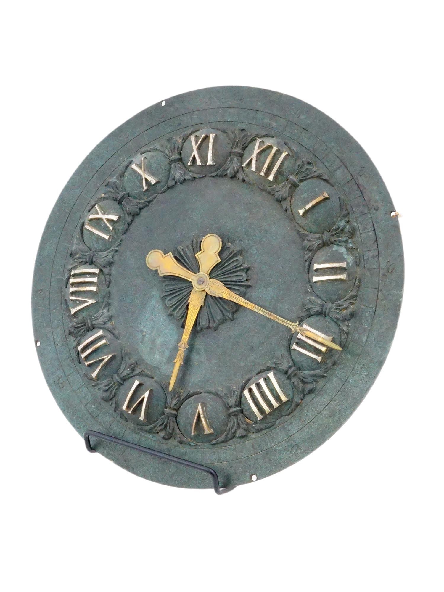 BRONZE CLOCK W ROMAN NUMERALS AND GREEN PATINA (1 of 6)