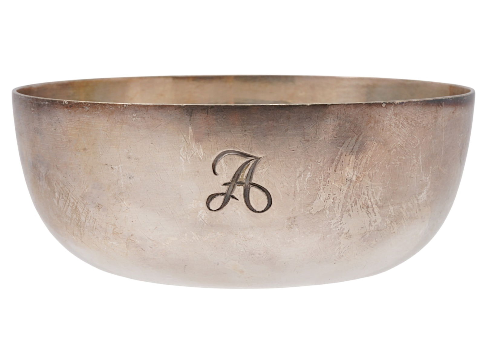 MID 20TH C ENGLISH SILVER PLATED BOWL FOUR STAR EPNS: A vintage English silver-plated bowl, Four Star E.P.N.S., circa mid-20th century. E.P.N.S. is Electroplated Nickel Silver. The minimalist bowl with an engraved cursive letter A on the outside. Marked