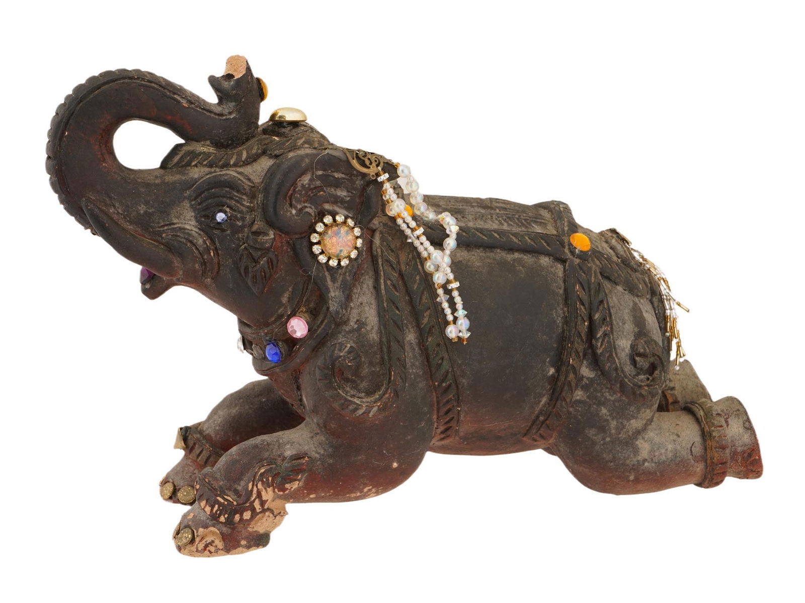 INDIAN MANNER CERAMIC FIGURINE OF ELEPHANT W BEADS (1 of 7)