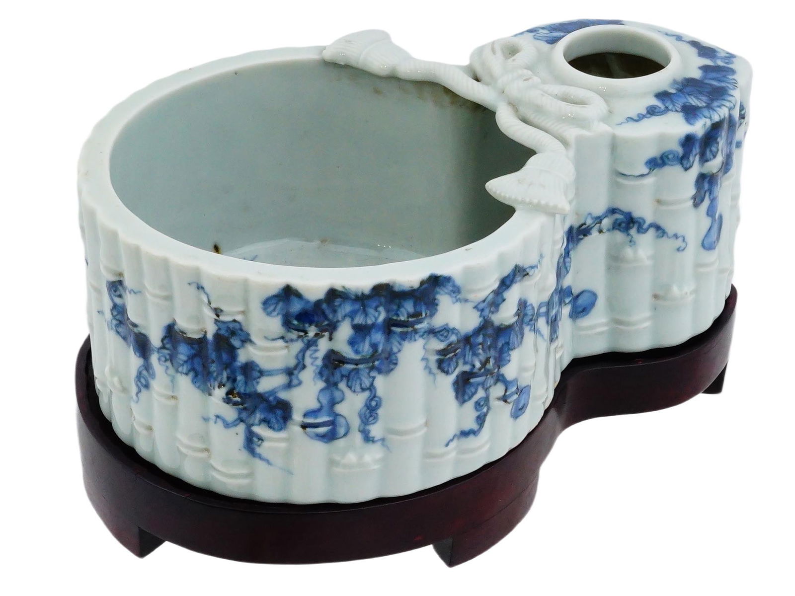 JAPANESE BAMBOO BLUE WHITE PORCELAIN BRUSH POT INKWELL (1 of 14)