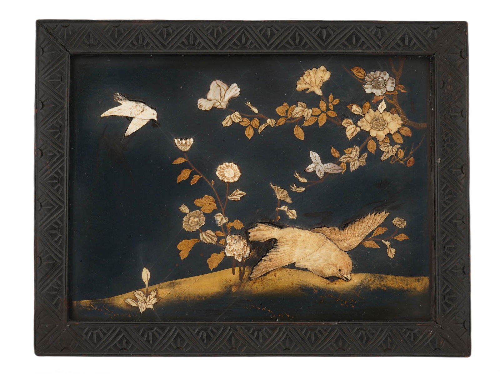 ANTIQUE JAPANESE MEIJI ERA BIRDS CARVED WOOD PANEL (1 of 3)