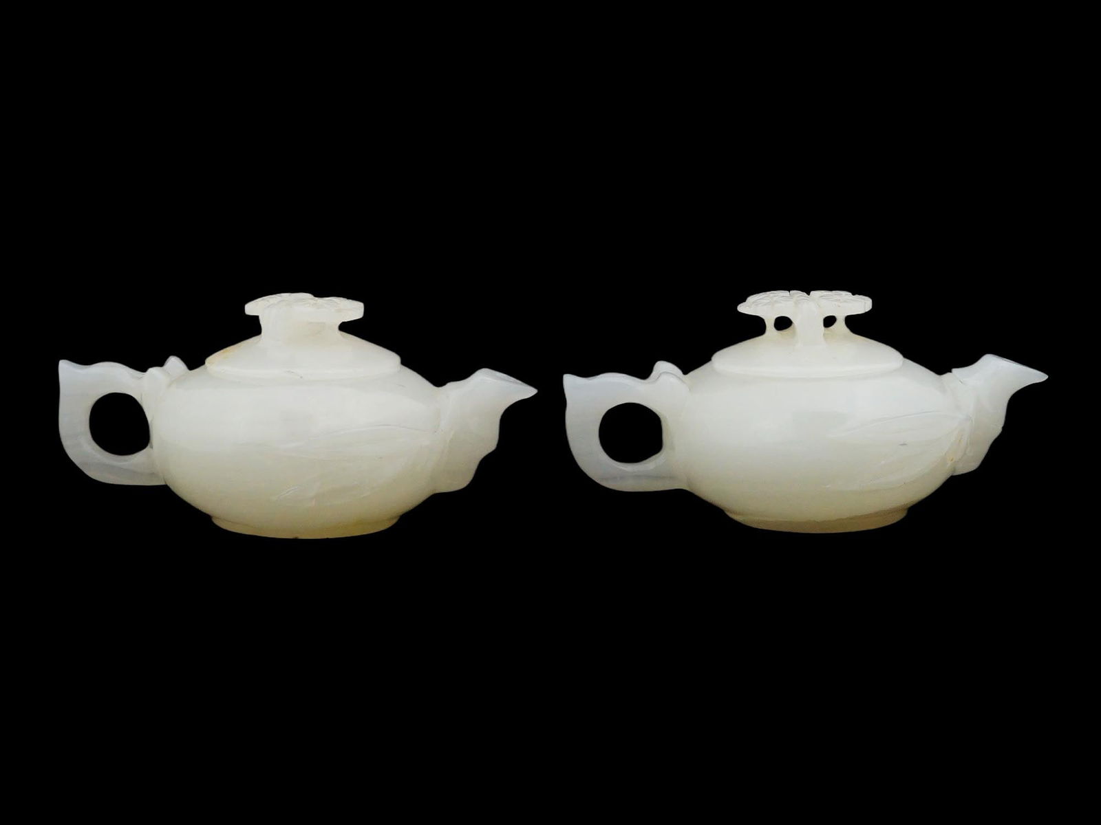 PAIR OF CHINESE CARVED WHITE JADE TEA POTS W LIDS (1 of 8)