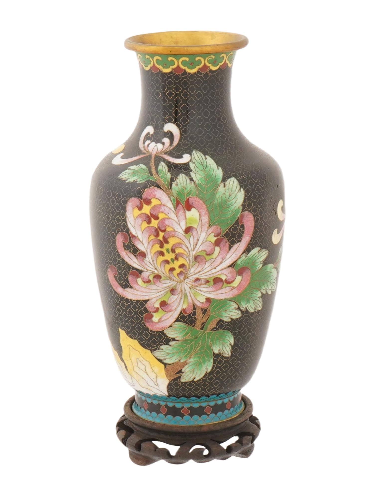 CHINESE BLACK CLOISONNE FLOWER ENAMEL VASE W STAND (1 of 8)