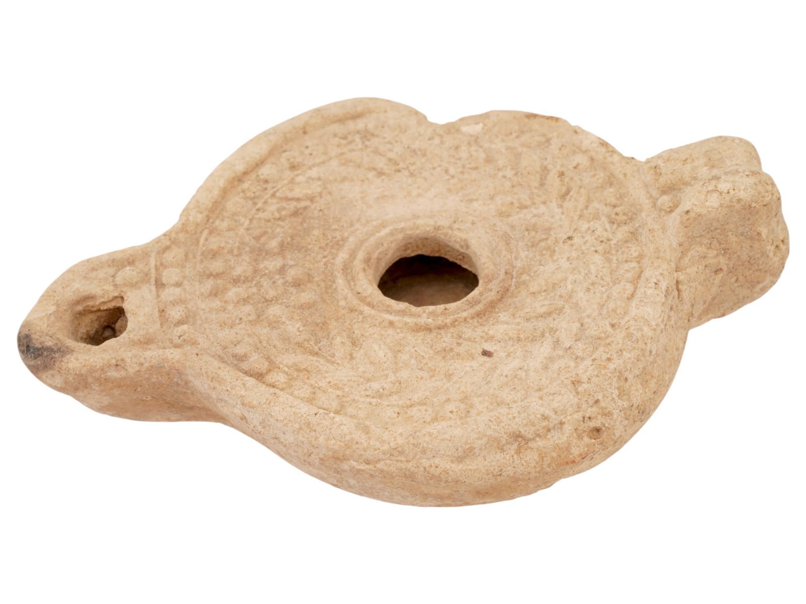 ANCIENT ROMAN OIL LAMP WITH A WREATH DESIGN (1 of 7)