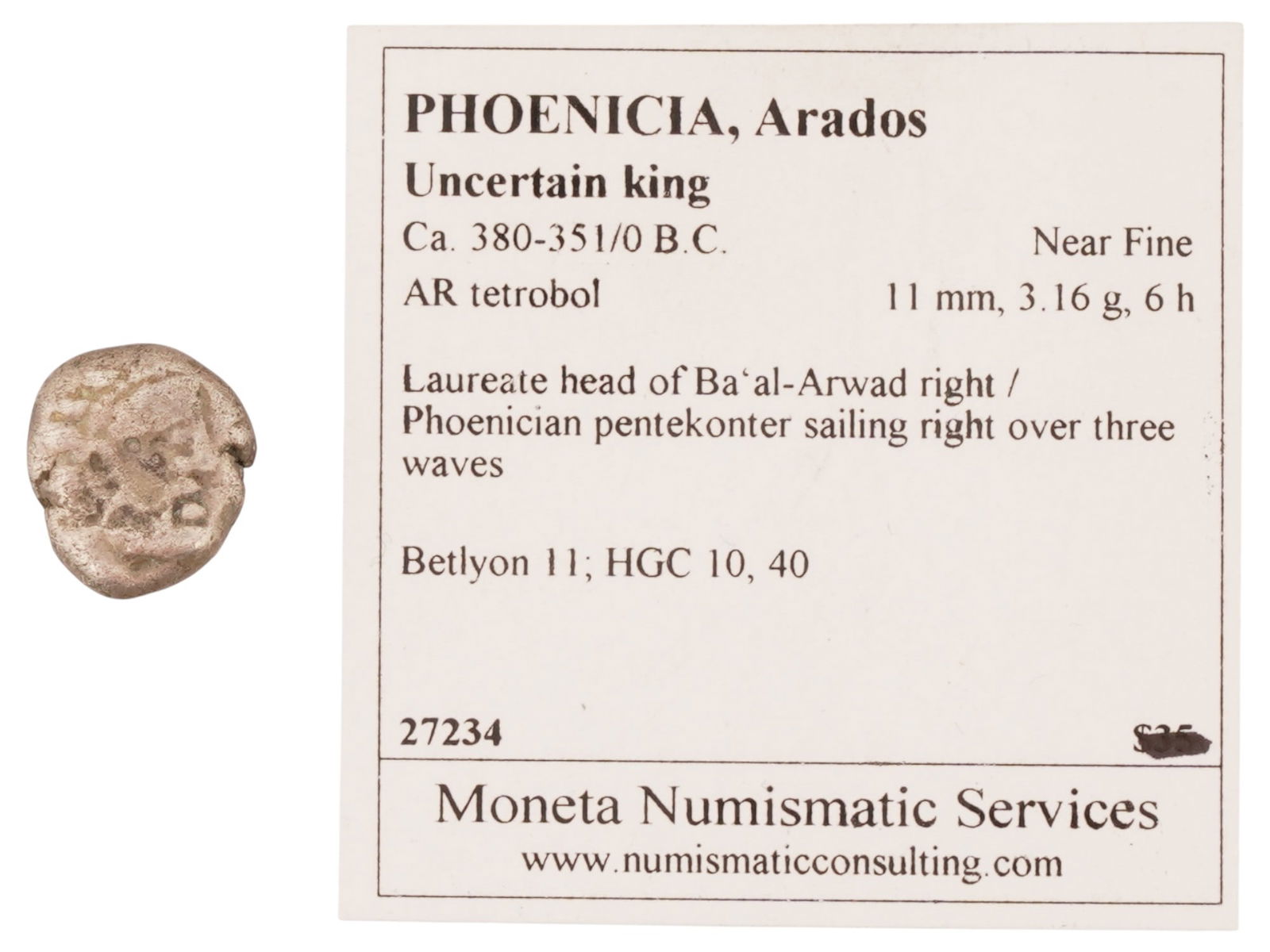 ANCIENT SILVER PHOENICIA ARADOS COIN 380 TO 351 0 BC: An ancient silver coin from Arados, Phoenicia, issued under an uncertain king circa 380 to 351/0 B.C. Obverse: features a laureate head of the marine deity Baal-Arwad facing right. Reverse: depicts a