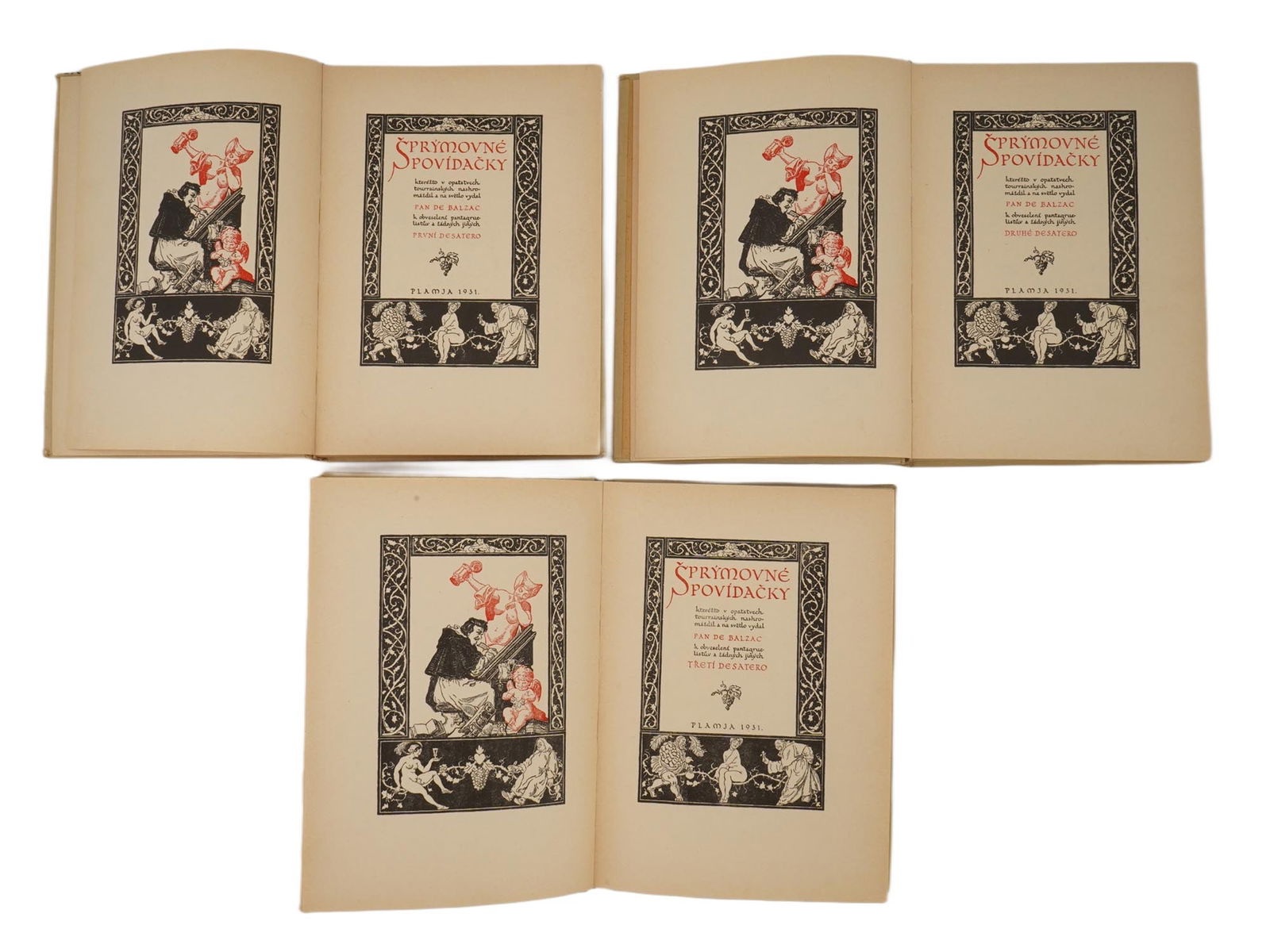 VINTAGE CZECH DROLL STORIES BY HONORE DE BALZAC 3 VOLS: A set of three vintage Czech illustrated volumes titled Droll Stories by Honore de Balzac, published in Plzen in 1931. Each volume is illustrated in a decorative black-and-red graphic style, with orna