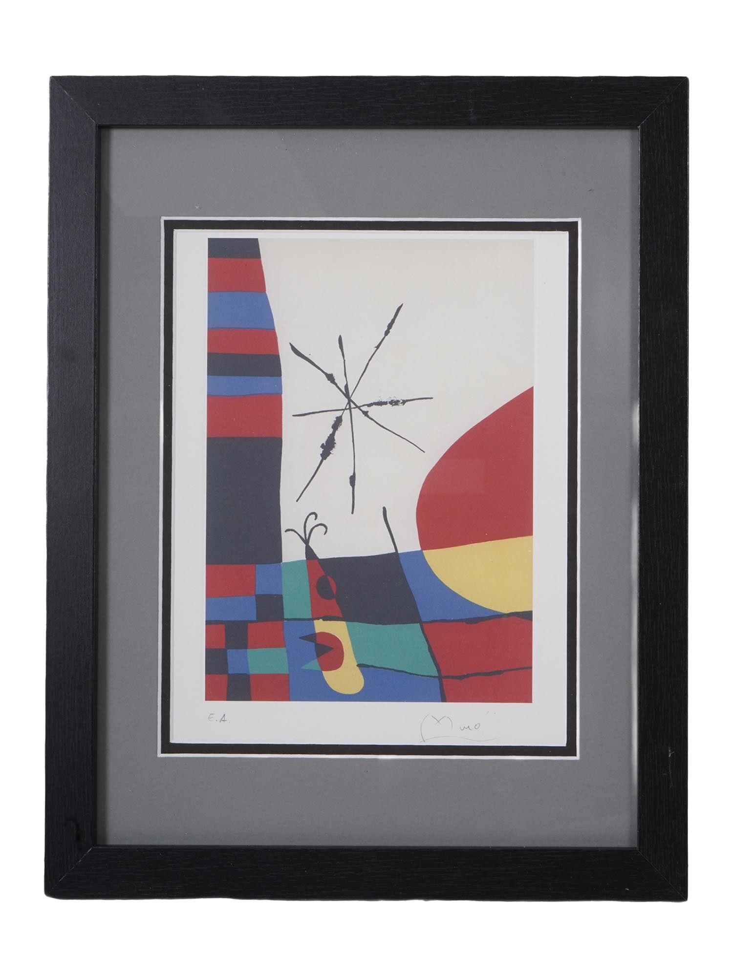 DERRIERE LE MIROIR COLOR ETCHING SIGNED JOAN MIRO: A color etching on paper depicting a Surreal composition Derriere le Miroir. Signed in pencil, Miro, lower right. Matted and framed. Joan Miro, Spanish, 1893 to 1983, a Catalan painter, sculptor, and