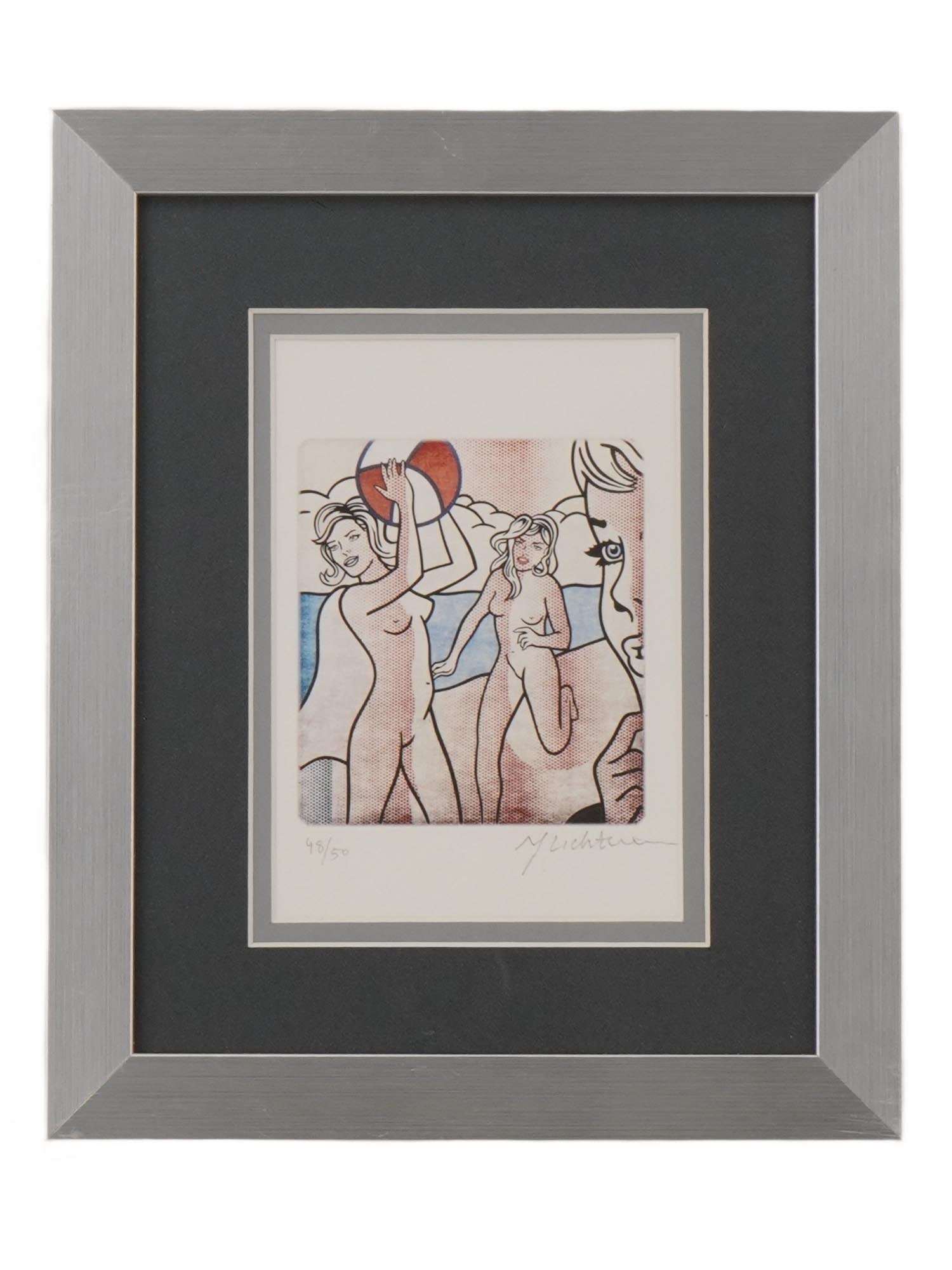 PRINT SIGNED ROY LICHTENSTEIN NUDES WITH BEACH BALL: A limited-edition print titled Nudes with Beach Ball by iconic American Pop artist Roy Lichtenstein, based on the artists original 1994 composition. Executed in Lichtensteins signature style, the work