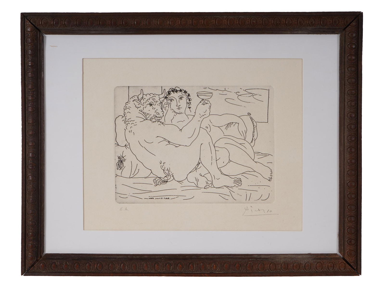 ETCHING SIGNED PABLO PICASSO MINOTAUR WITH A GOBLET: An etching signed Pablo Picasso and titled Minotaur with a Goblet in His Hand and a Young Woman. The work forms plate 83 from the celebrated Vollard Suite, a series of 100 prints produced between 1930