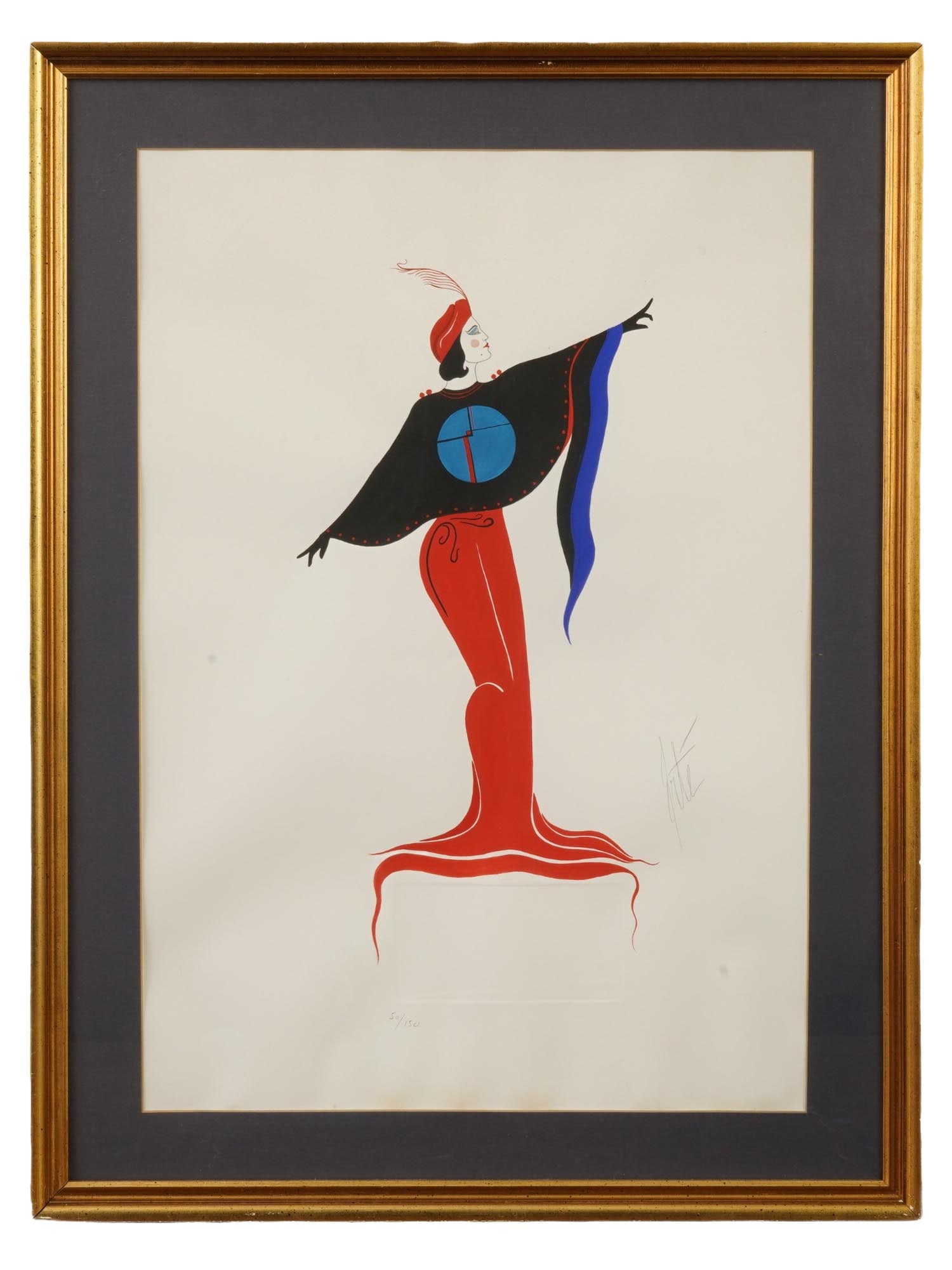 LTD ART DECO MANNER FRENCH ETCHING SIGNED ERTE: A limited edition color etching on paper depicting a portrait of a woman probably a costume design in the Art Deco manner. Signed, Erte, lower right. Numbered in pencil, 50 of 150, lower left. Framed.