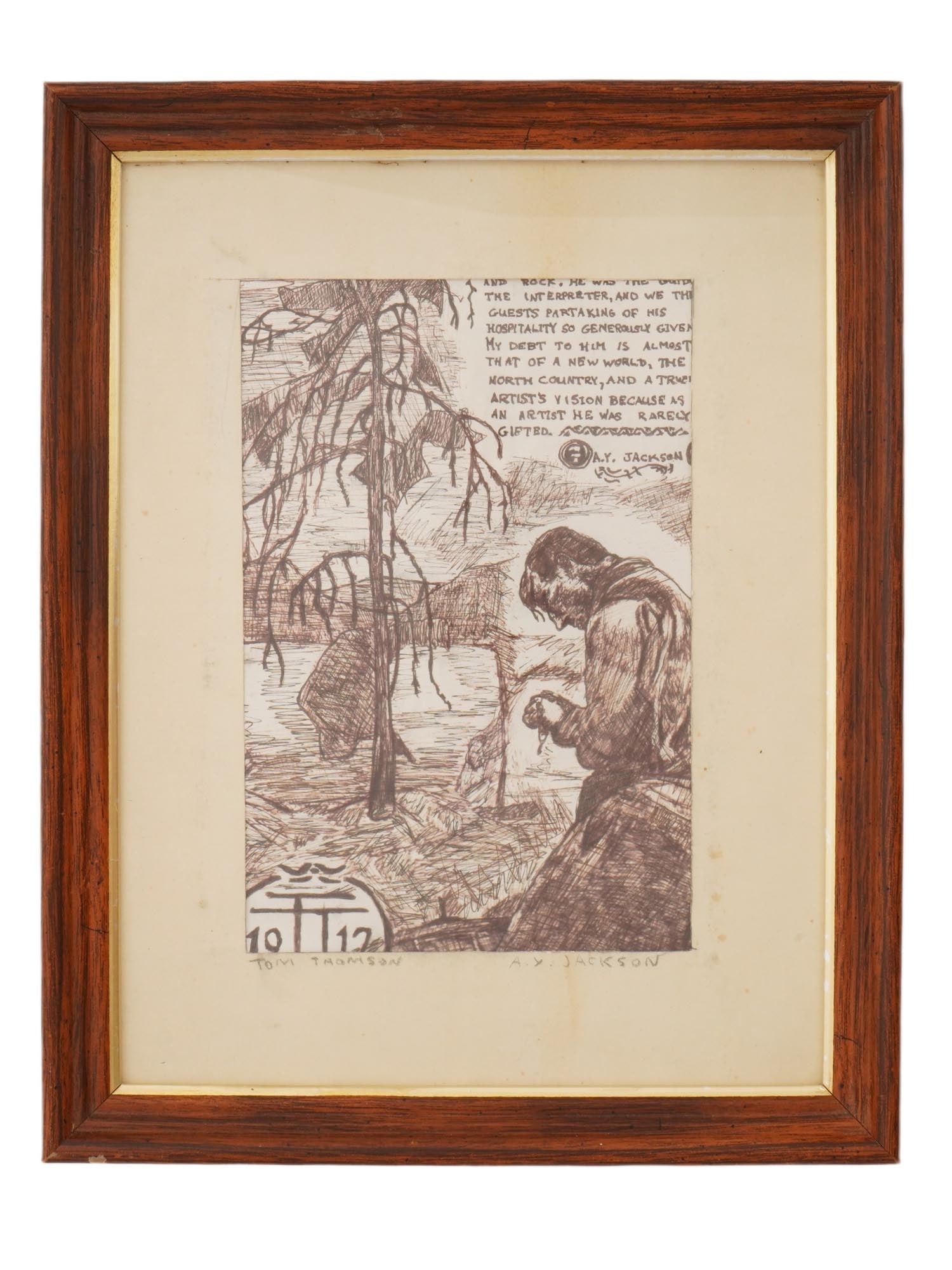 CANADIAN INK SKETCH OVER PRINT BY A Y JACKSON: An ink sketch over print by A.Y. Jackson, created as a tribute to fellow artist Tom Thomson, which includes a handwritten narrative or a poem. Hand inscribed on the back side: A.Y. Jackson Poem and Po