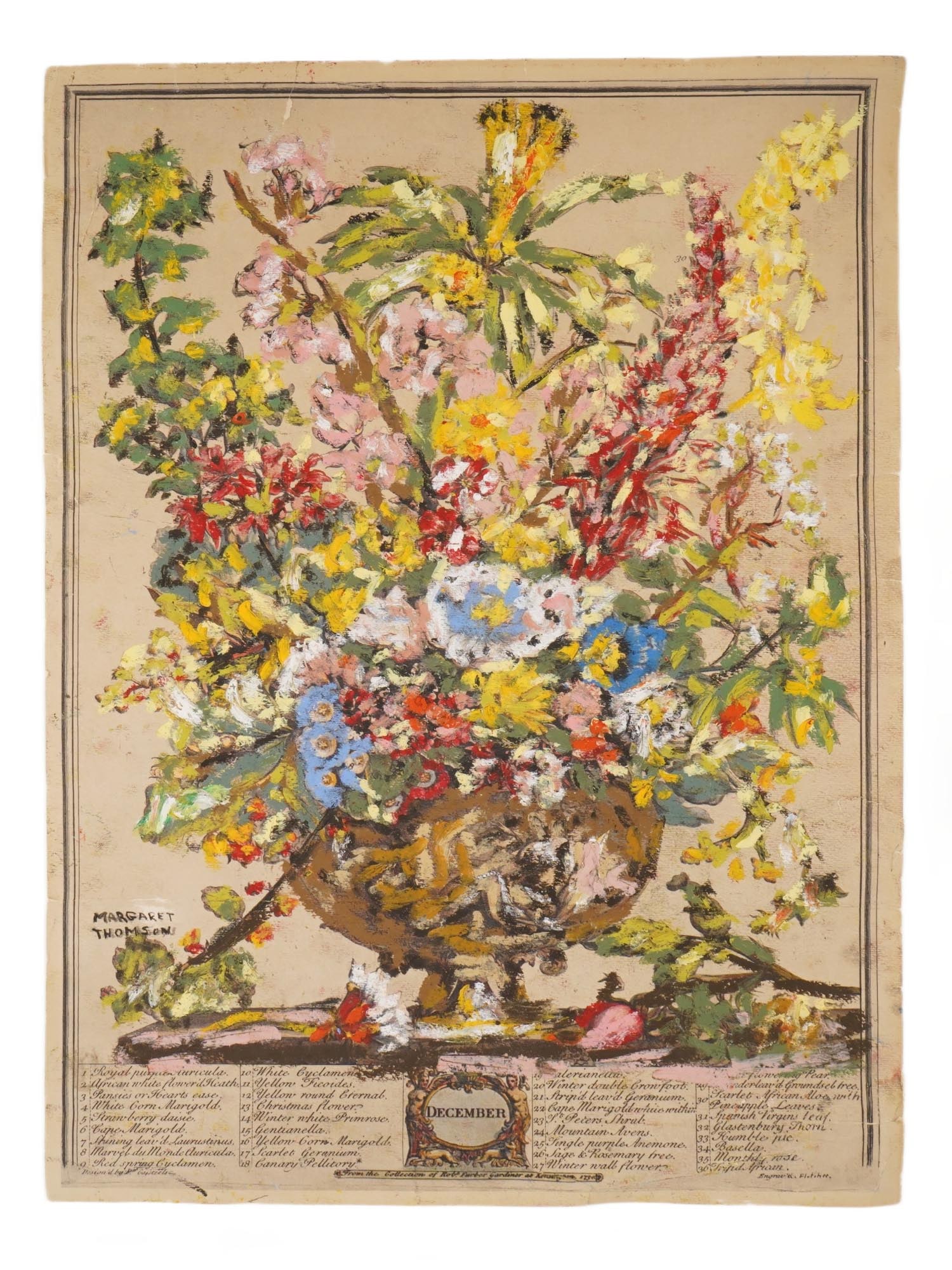 MARGARET THOMSON CANADIAN OIL PASTEL OVER OFFSET PRINT: An oil pastel over offset print on paper depicting a still life signed by Canadian artist Margaret Thomson, 1884 to 1979. The composition presents a delicate arrangement of flowers. Margaret Thomson,