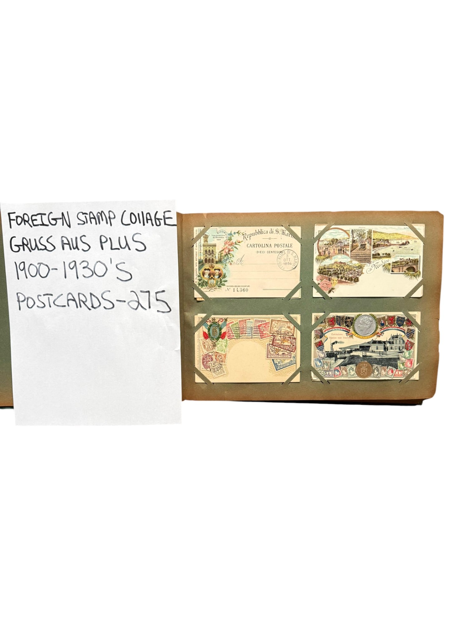 275 ANTIQUE STAMPS AND GRUSS AUS POSTCARDS W ALBUM: A large collection of antique foreign stamp collage and Gruss Aus postcards in an album. A total of 275 items. Circa 1900s to 1930s. Gruss Aus translates to Greetings from, and was a popular souvenir