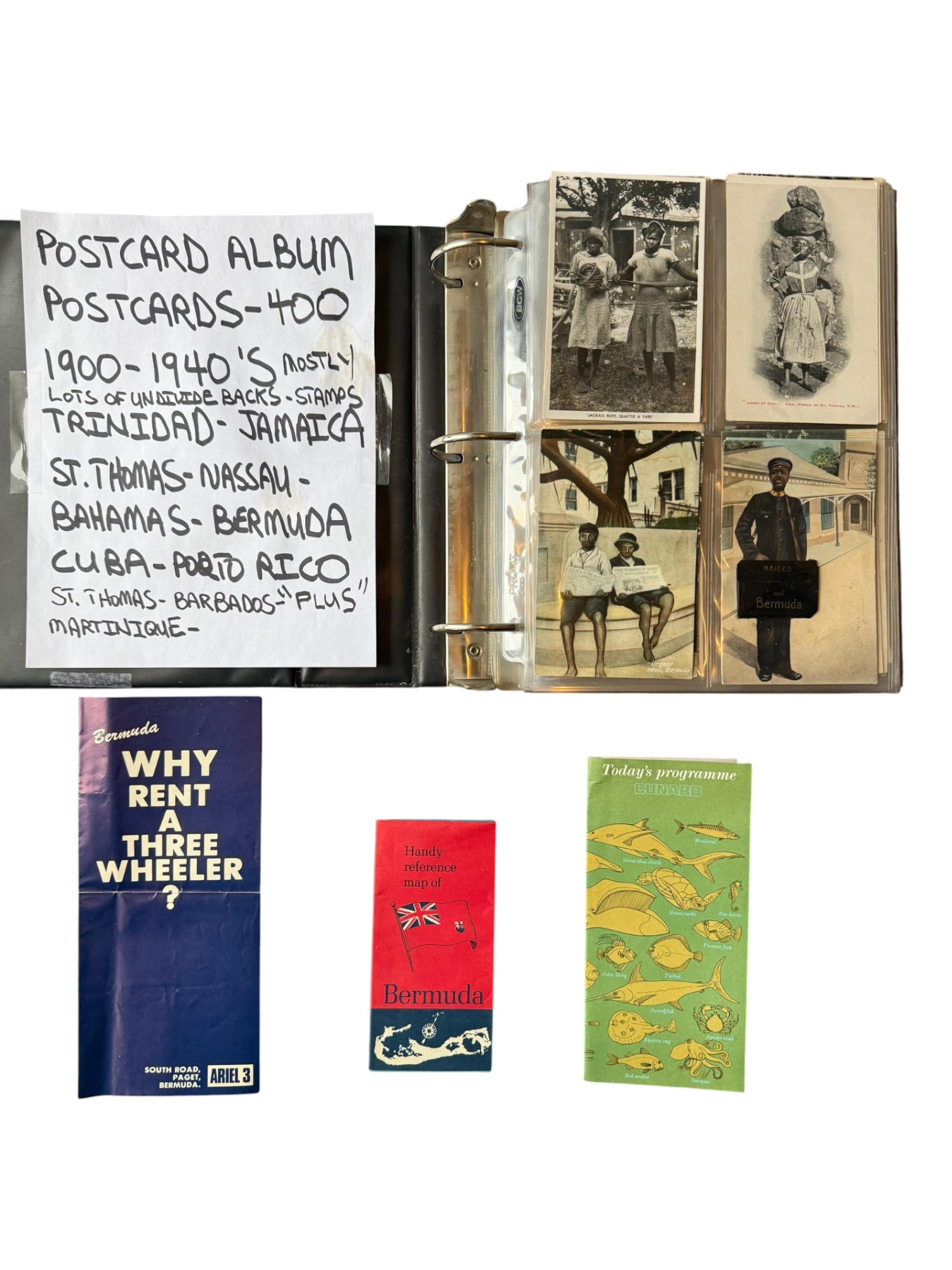 ALBUM 400 VINTAGE POSTCARDS CARIBBEAN AND WEST INDIES: A postcard album containing 400 vintage postcards, primarily depicting Caribbean and West Indies destinations and dating from the early 1900s through the 1940s. The collection includes views from Trin