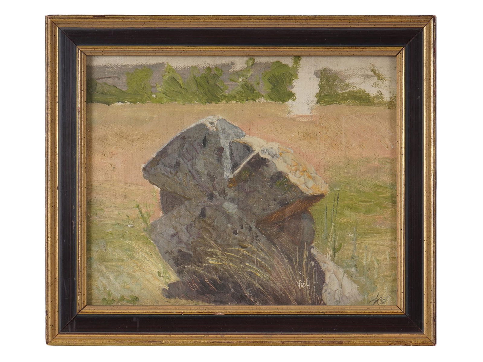 OIL PAINTING LANDSCAPE WITH LARGE ROCK SIGNED: An oil painting on canvas depicting a large rock in the foreground. Signed with initials lower right. Framed. Russian Oil Paintings, Home Decor, Fine Art, and Collectibles. THIS LOT IS ELIGIBLE