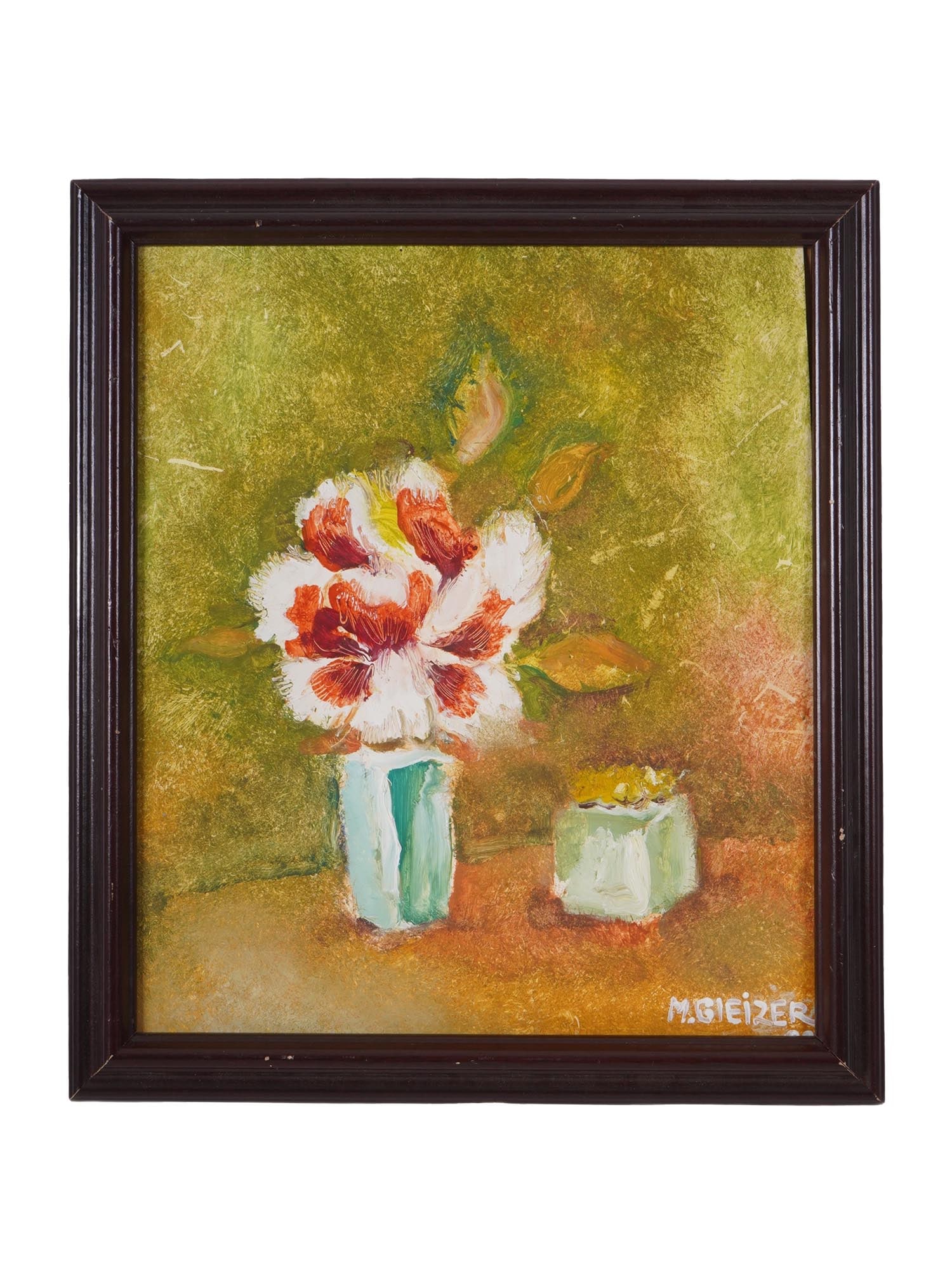 SIGNED MICHAEL GLEIZER VINTAGE GOUACHE PAINTING: A vintage gouache on board still life painting. Signed M. Gleizer lower right. The painting depicts a still life with a lush red and white flower in a small faceted vase. Framed. Ukrainian born artist