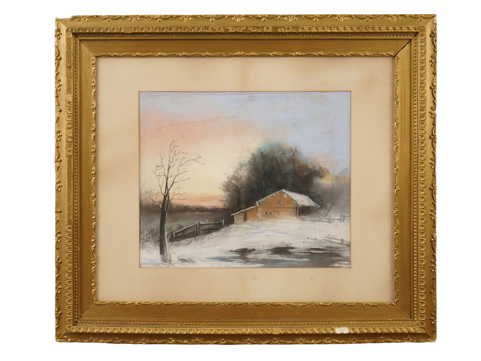 RUSSIAN SCHOOL RURAL LANDSCAPE PASTEL PAINTING: A 20th century Russian School pastel painting on paper depicting a rural landscape featuring a village house. Unsigned. Framed. Vintage and Mid century European Fine Art, Village Scene and Landscape P