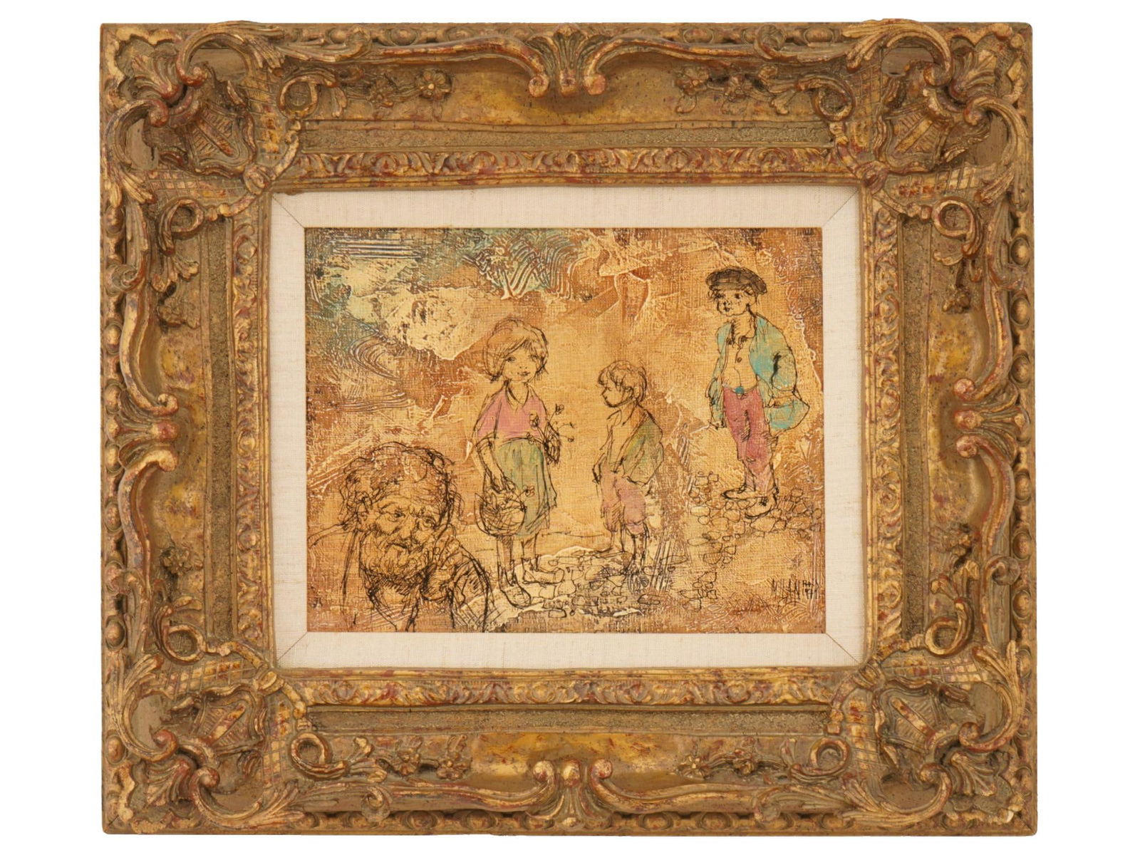 VINTAGE EUROPEAN MIXED MEDIA GENRE PAINTING (1 of 5)