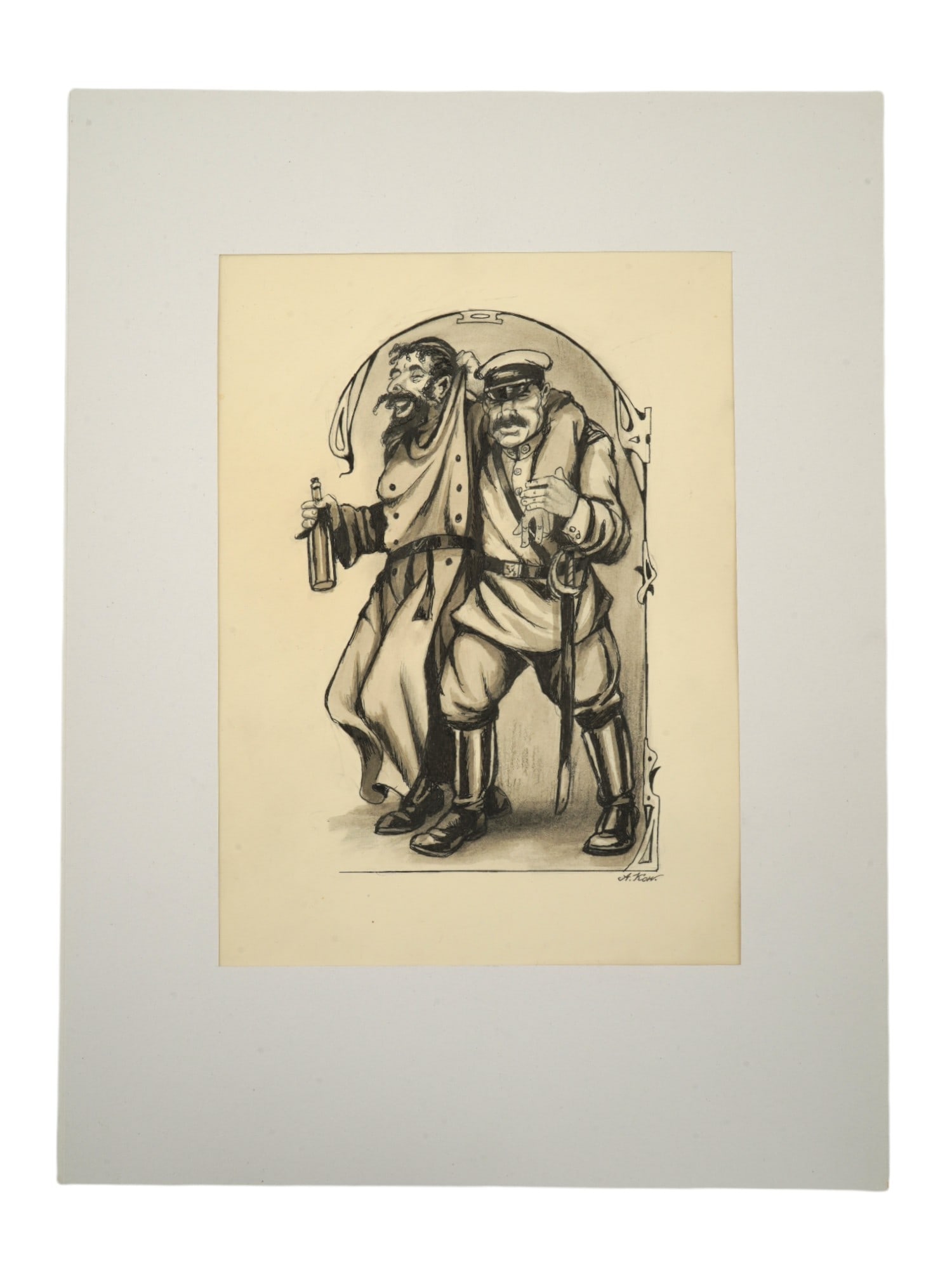 JUDAICA RUSSIAN MIXED MEDIA PAINTING SIGNED A KON: Attributed to Alexandr Iosifovich Konstantinovsky, Russian, 1906 to 1958, mixed media painting on paper depicting a Judaica double portrait of a drinking man and an officer. Signed, A. Kon., lower