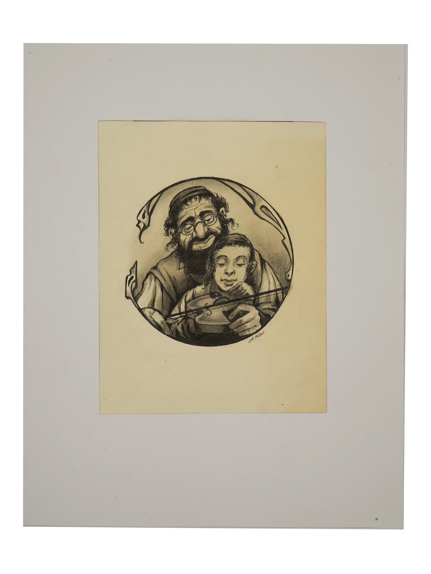 JUDAICA RUSSIAN MIXED MEDIA PAINTING SIGNED A KON: Attributed to Alexandr Iosifovich Konstantinovsky, Russian, 1906 to 1958, mixed media painting on paper depicting a Judaica double portrait of a teacher and a pupil learning to play the violin.