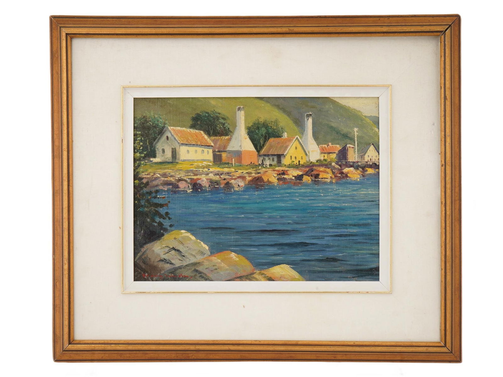 FRANK JOHNSTON CANADIAN LANDSCAPE OIL PAINTING: Frank Johnston, Canadian, 1888 to 1949, oil painting on board. Depicting a coastal village scene, characterized by distinctive architecture with tall white chimneys traditionally used for smoking